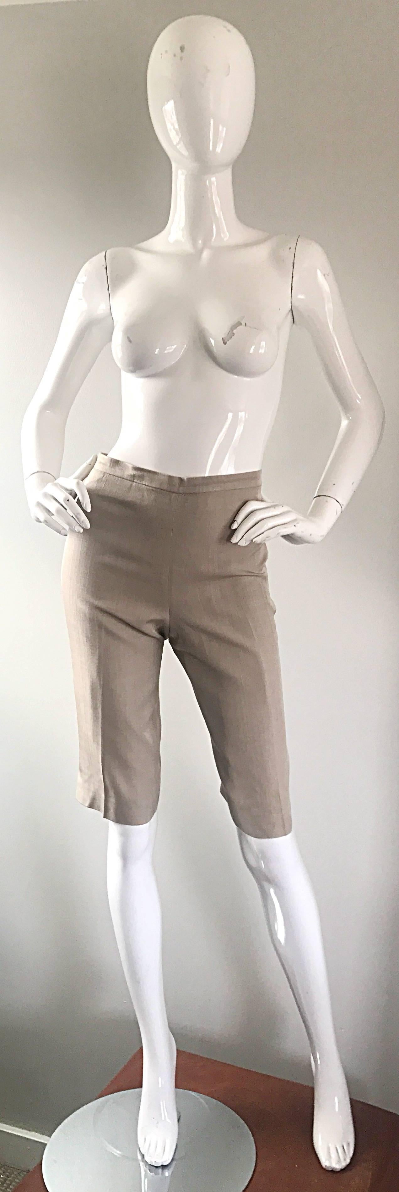 Vintage Michael Kors Collection 1990s Khaki Silk Cropped Capri Pants Shorts Sz 6 4