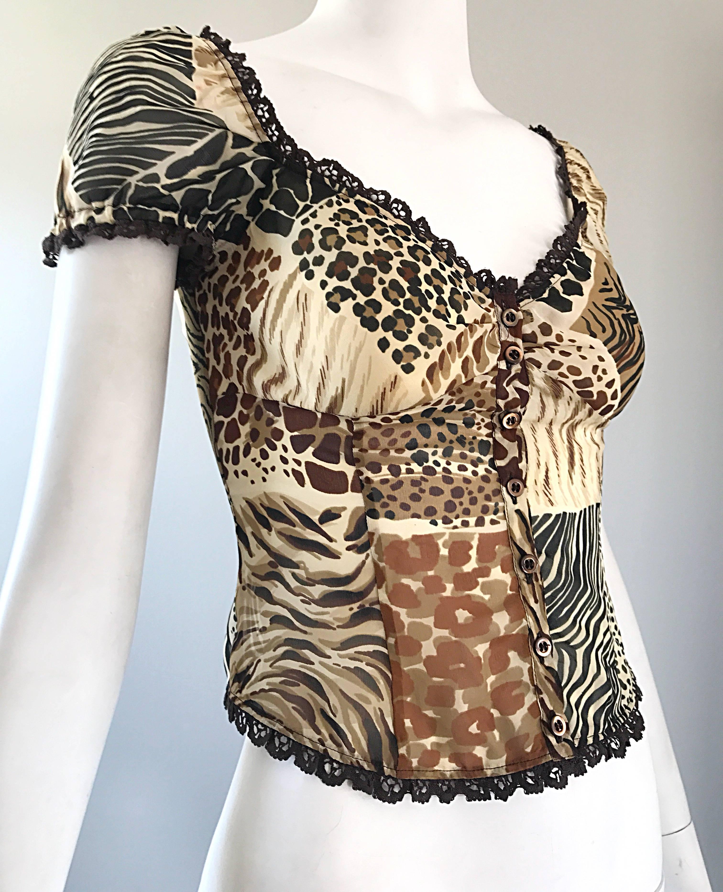 Women's 1990s Moschino Cheap & Chic Animal Print Vintage 90s Silk Short Sleeve Crop Top 