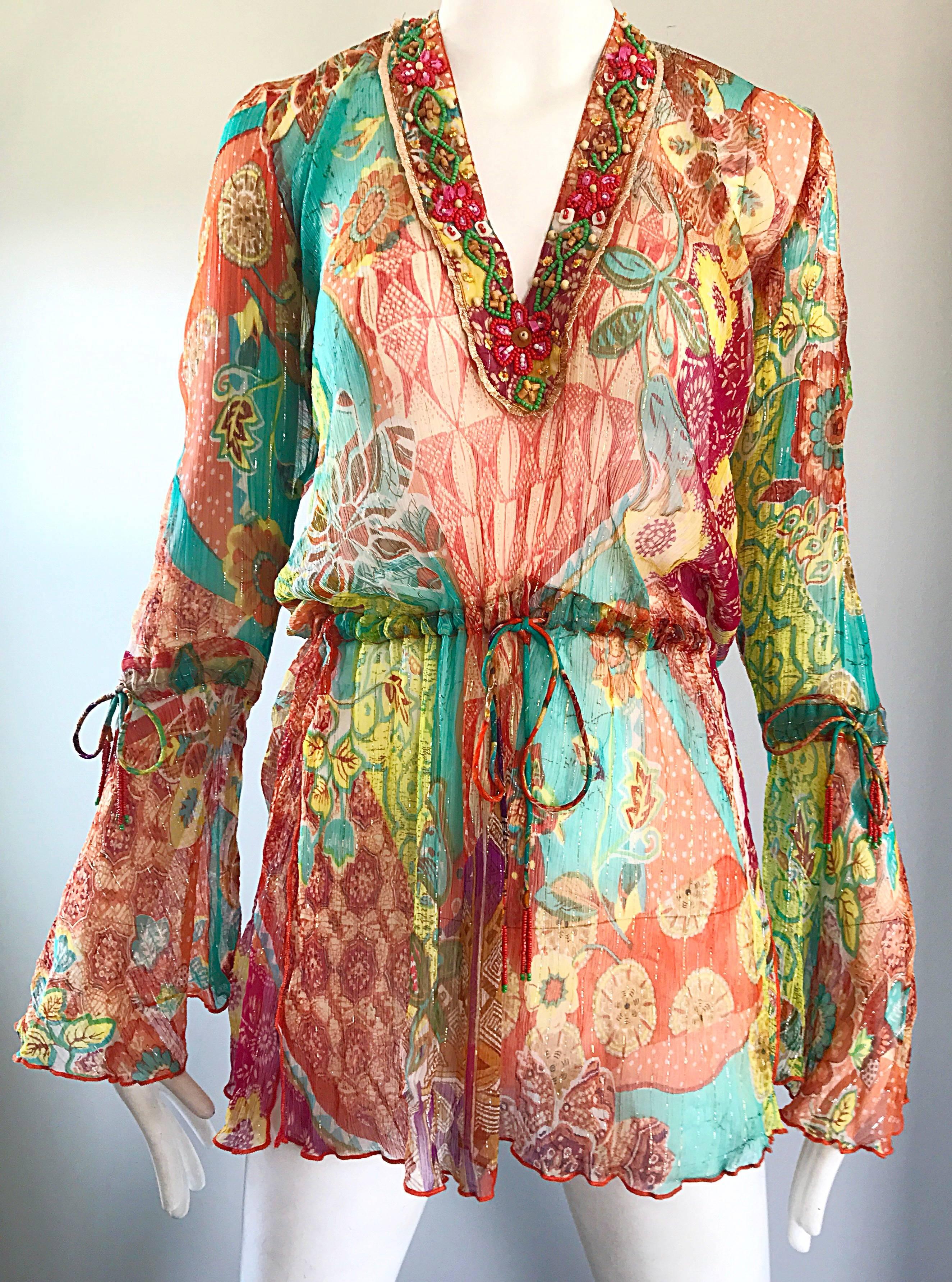 90s Gorgeous Maurizia Byoux Colorful Silk Chiffon Beaded Semi Sheer Tunic Top  In Excellent Condition For Sale In San Diego, CA
