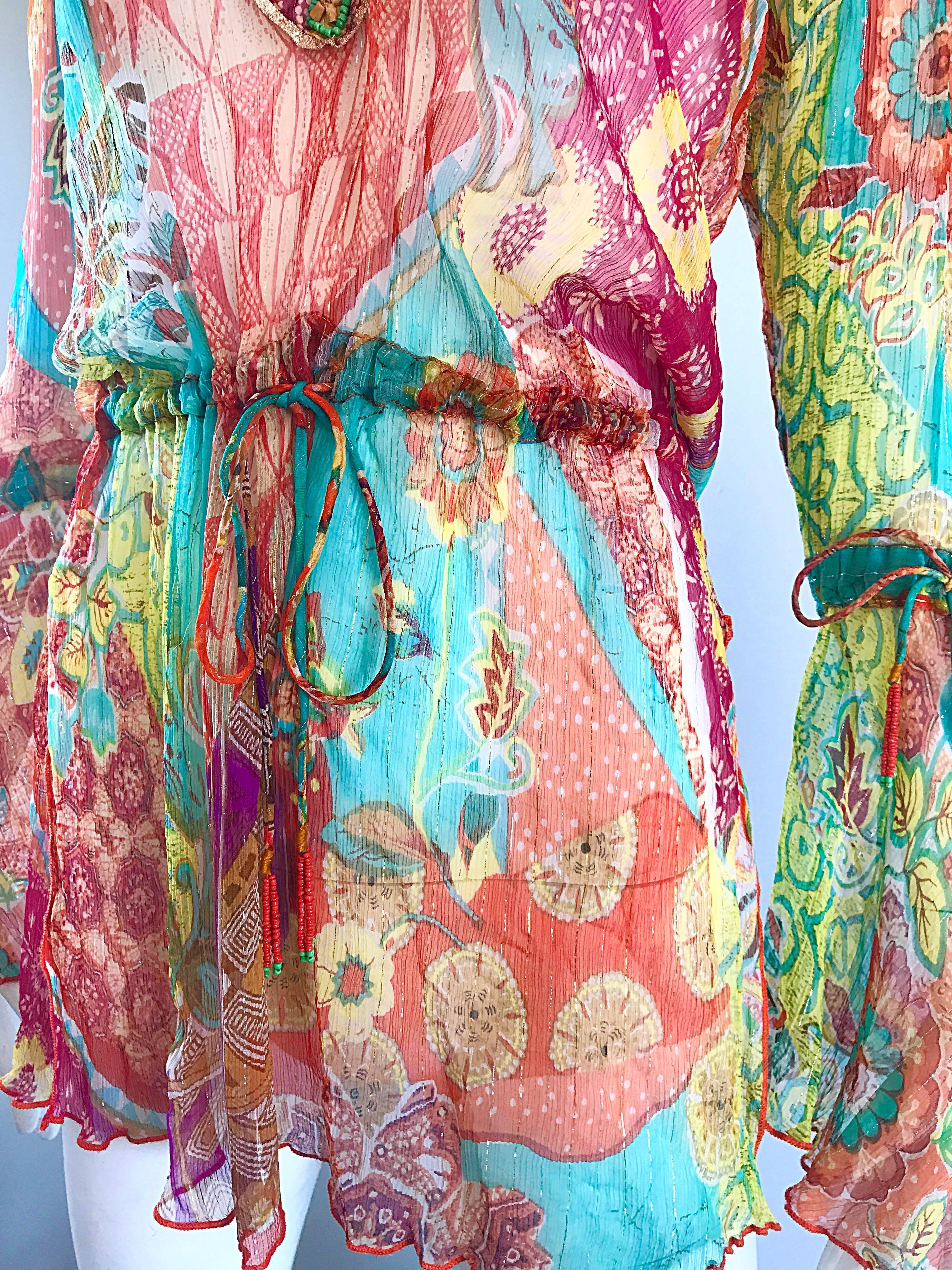 Women's 90s Gorgeous Maurizia Byoux Colorful Silk Chiffon Beaded Semi Sheer Tunic Top  For Sale