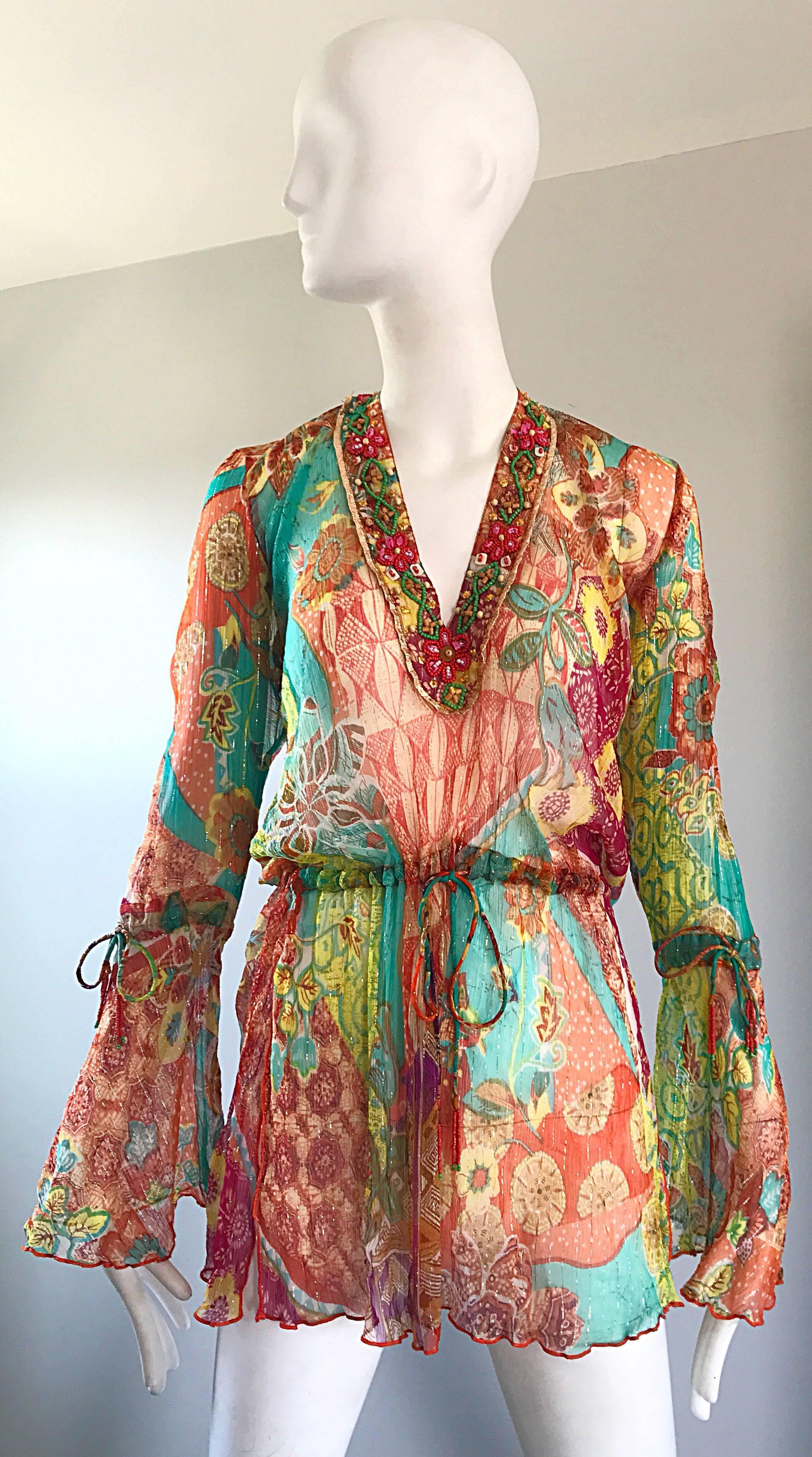 90s Gorgeous Maurizia Byoux Colorful Silk Chiffon Beaded Semi Sheer Tunic Top  For Sale 1