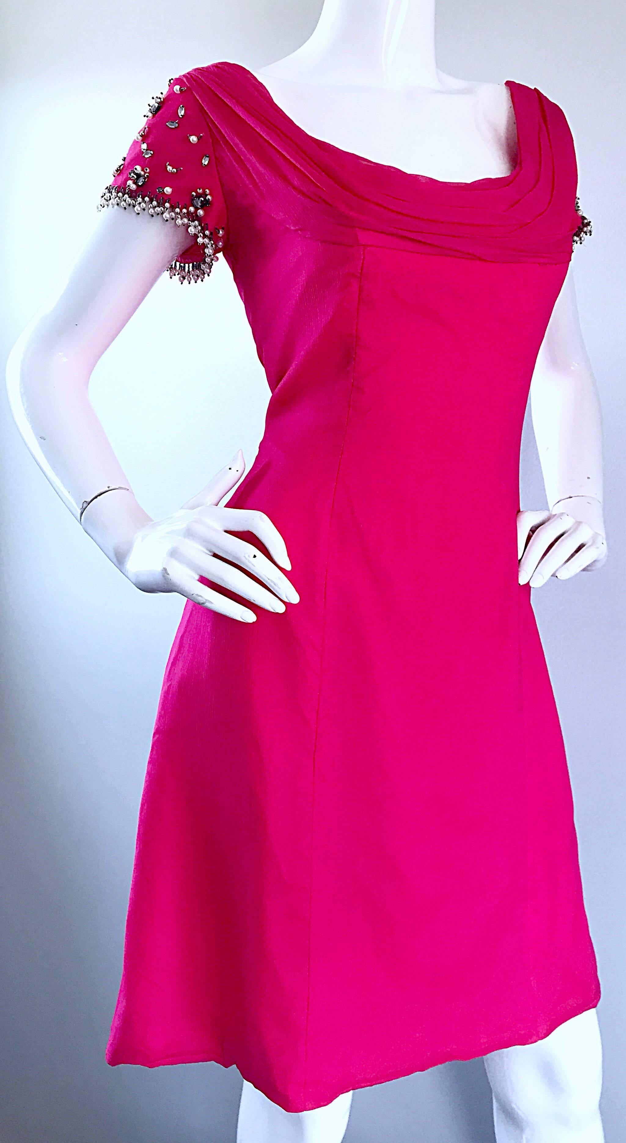 1960s Lilli Diamond Deadstock Hot Pink Fuchsia Vintage 60s A Line Chiffon Dress In New Condition In San Diego, CA