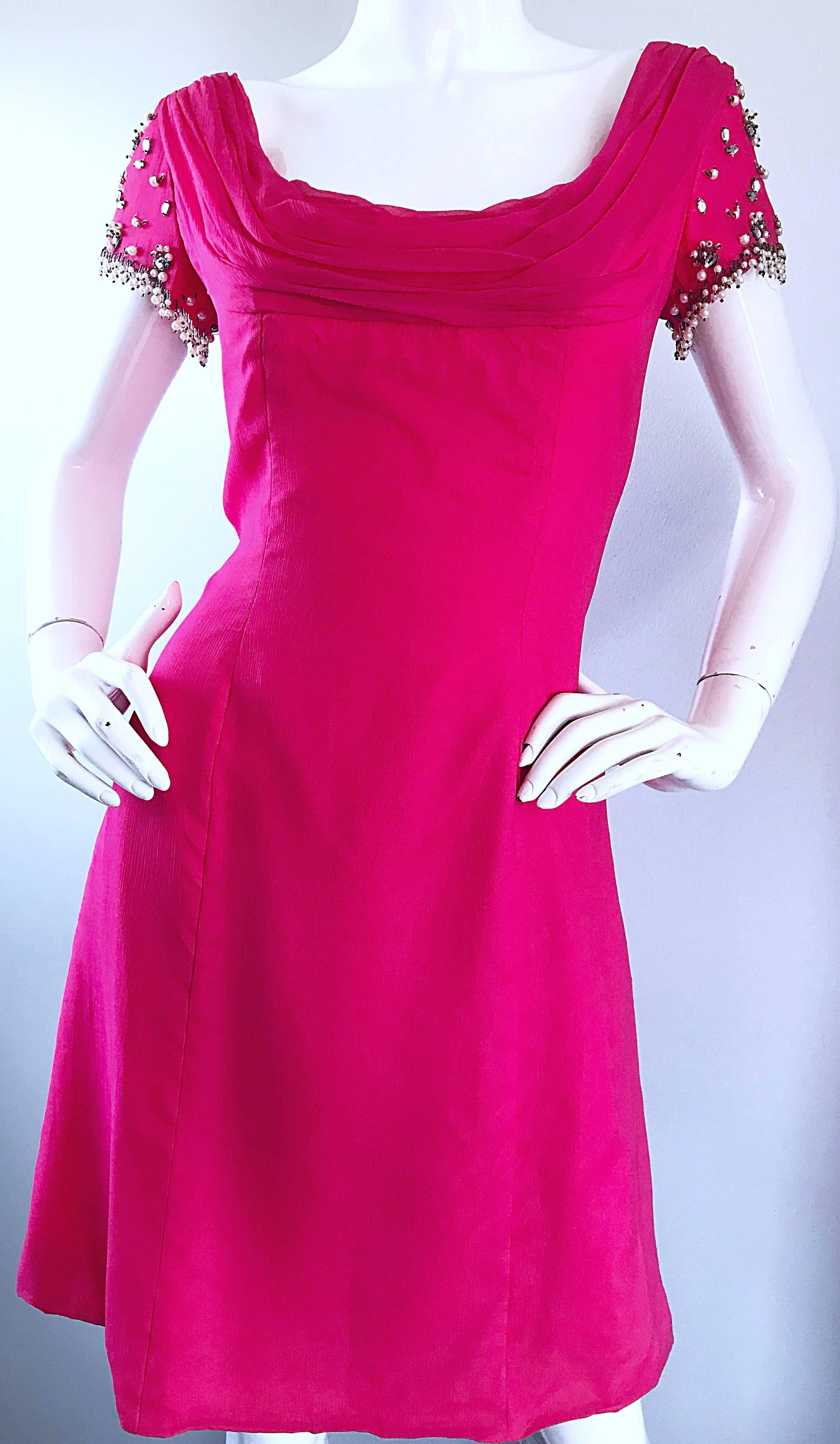 Women's 1960s Lilli Diamond Deadstock Hot Pink Fuchsia Vintage 60s A Line Chiffon Dress