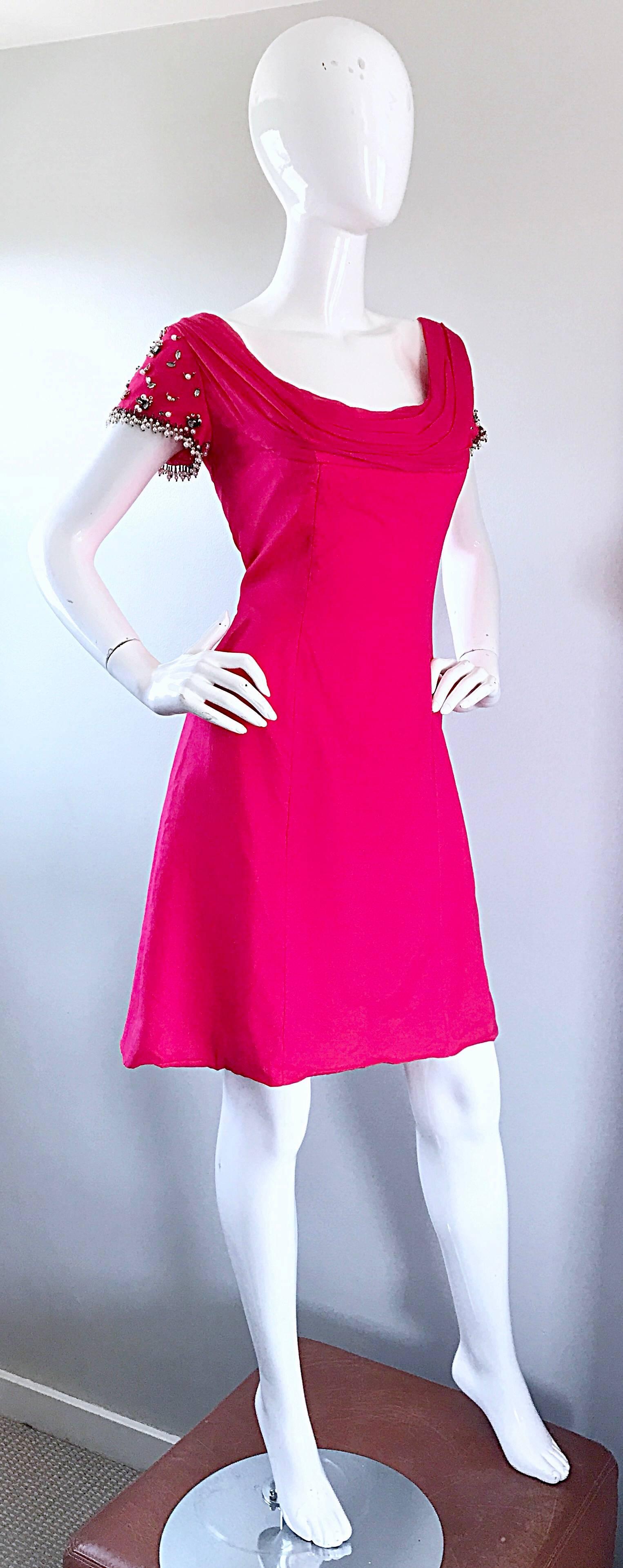 1960s Lilli Diamond Deadstock Hot Pink Fuchsia Vintage 60s A Line Chiffon Dress 3