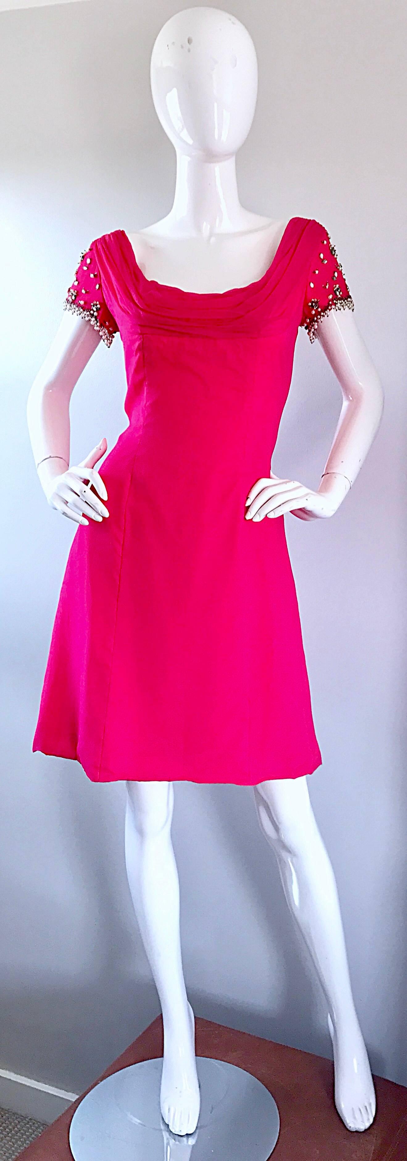 1960s Lilli Diamond Deadstock Hot Pink Fuchsia Vintage 60s A Line Chiffon Dress 1