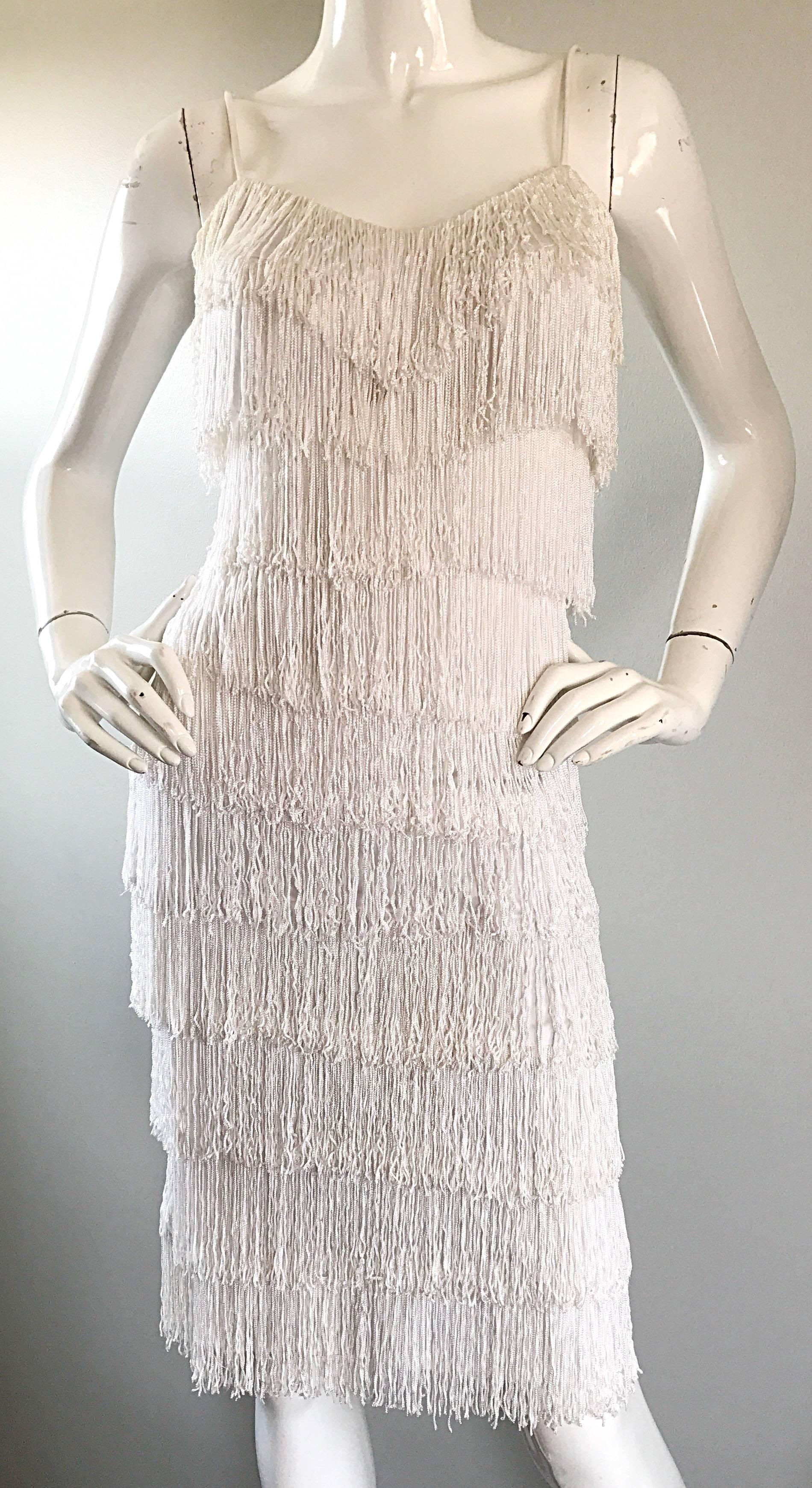 Gray Incredible Vintage 1970s Does 1920s White Fully Fringed Jersey Flapper Dress