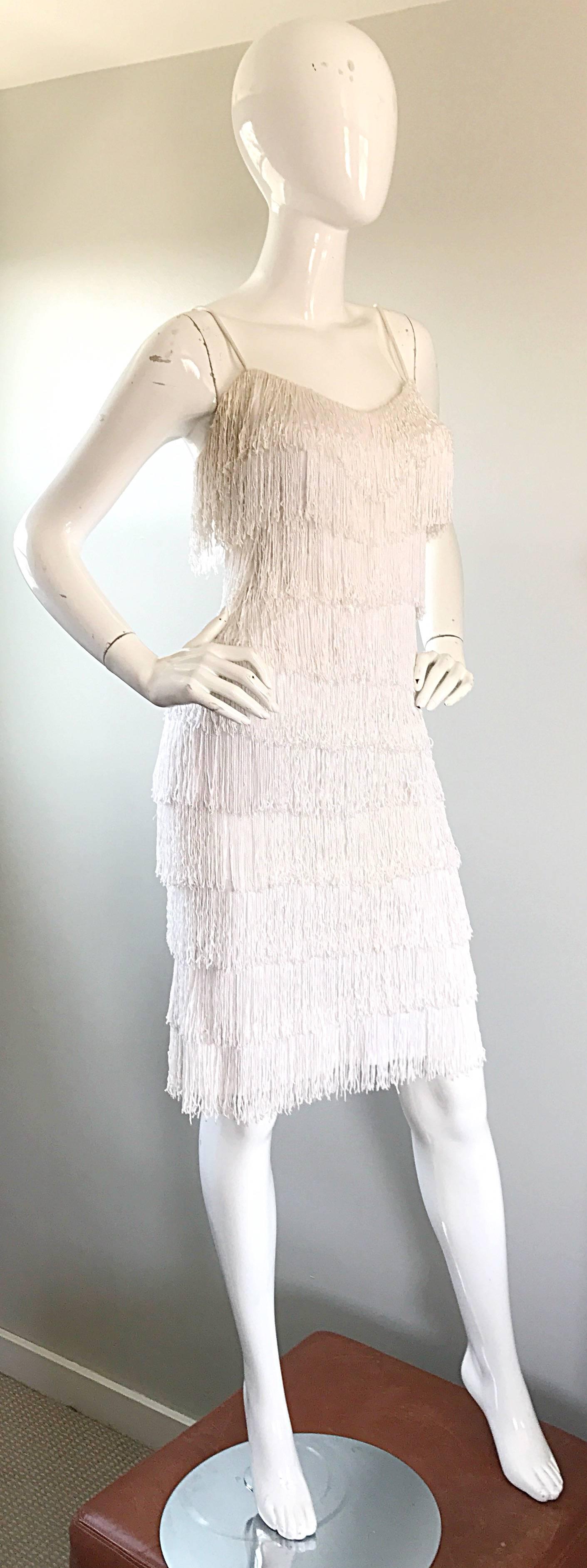 Women's Incredible Vintage 1970s Does 1920s White Fully Fringed Jersey Flapper Dress