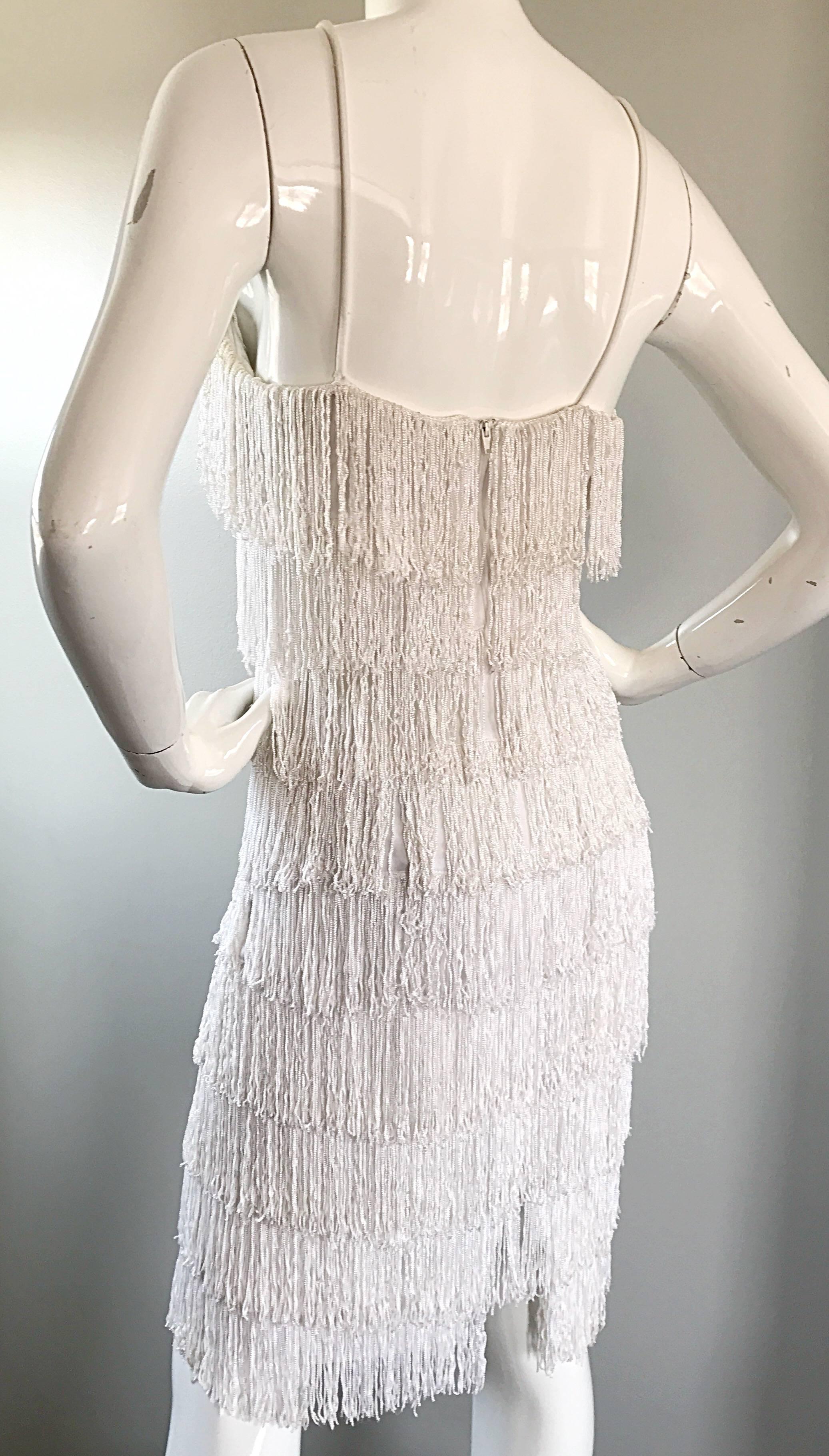 Incredible Vintage 1970s Does 1920s White Fully Fringed Jersey Flapper Dress In Excellent Condition In San Diego, CA