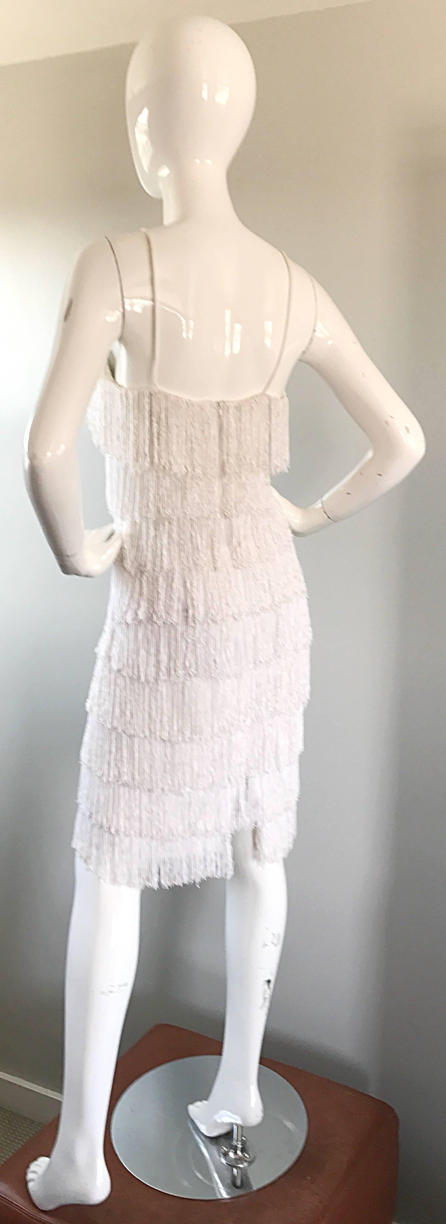 Incredible Vintage 1970s Does 1920s White Fully Fringed Jersey Flapper Dress 1