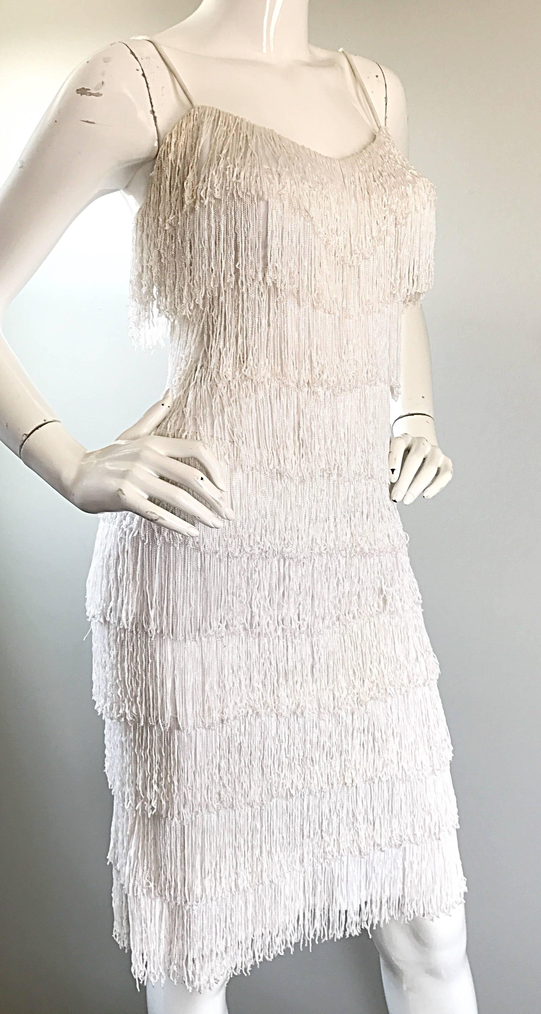 Incredible Vintage 1970s Does 1920s White Fully Fringed Jersey Flapper Dress 2