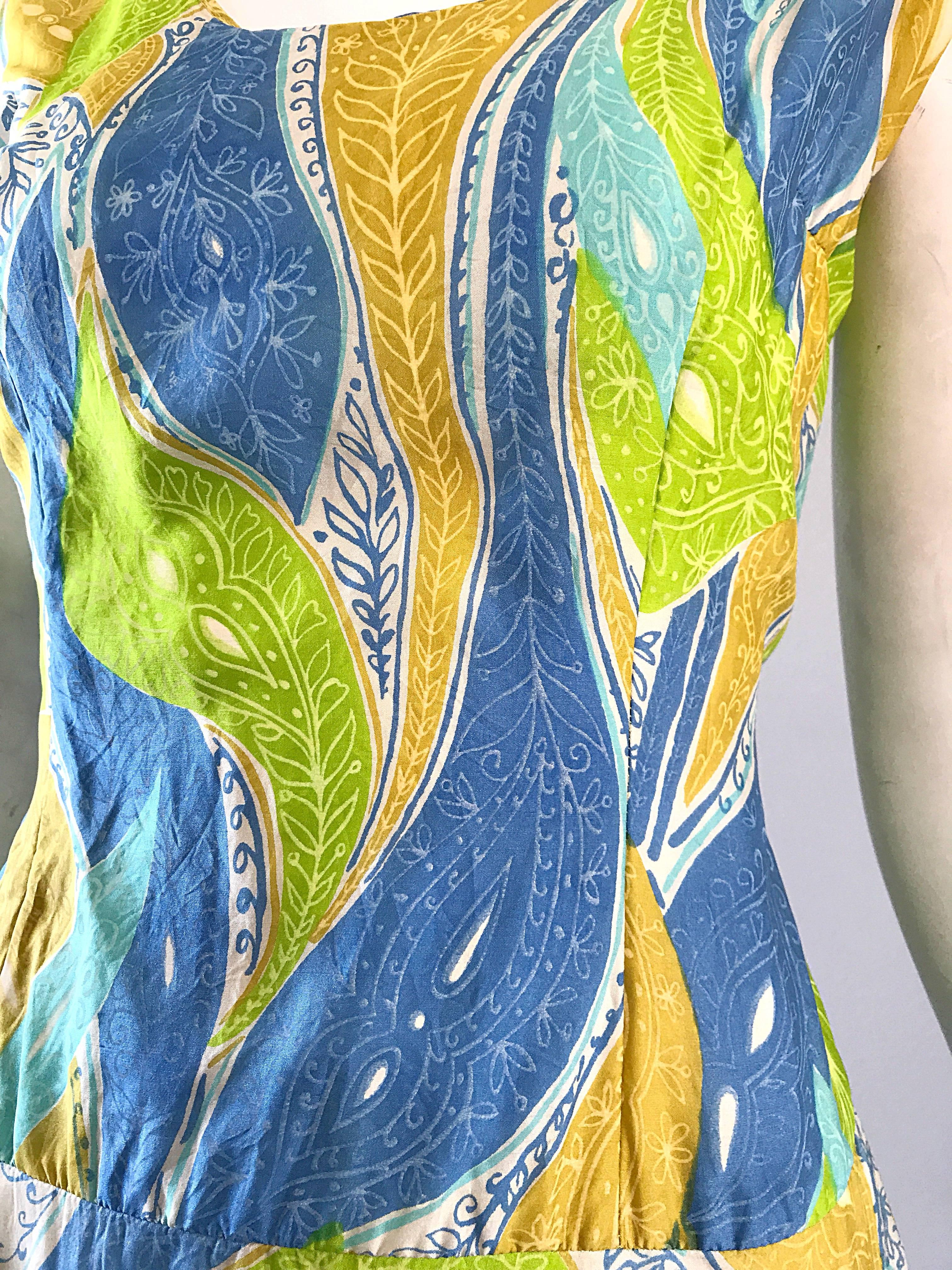 1960s Fern Violette Blue + Lime Green Paisley Tropical Print Silk A Line Dress In Excellent Condition For Sale In San Diego, CA