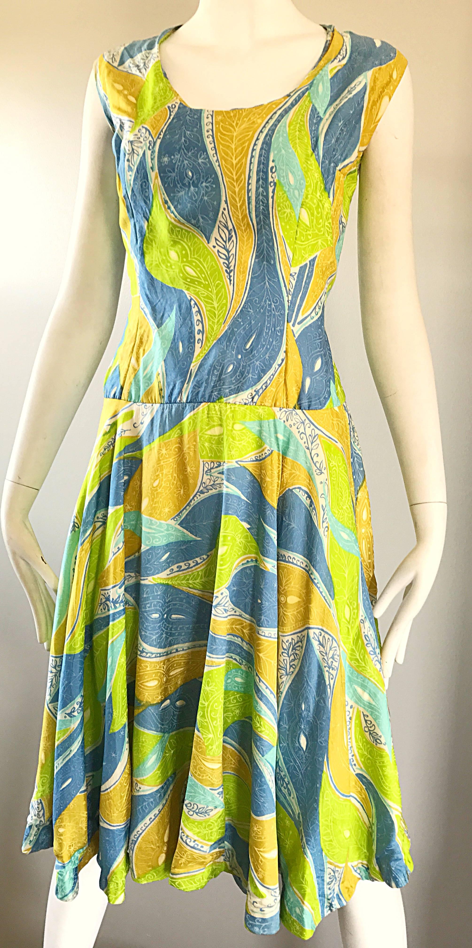 1960s Fern Violette Blue + Lime Green Paisley Tropical Print Silk A Line Dress For Sale 6