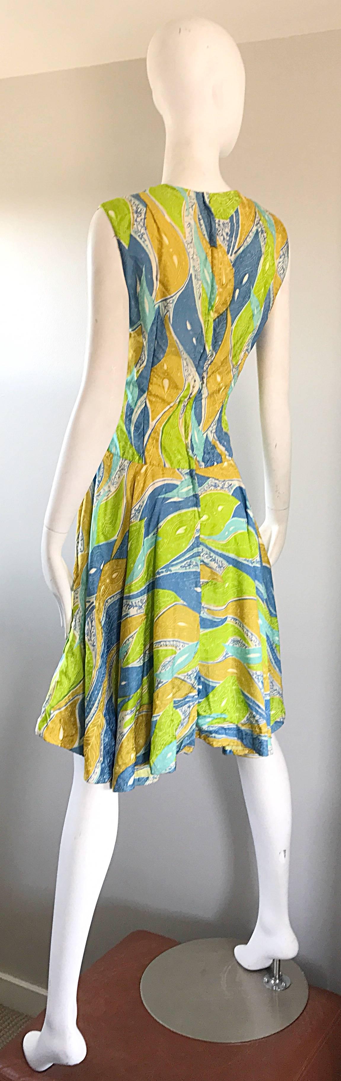 1960s Fern Violette Blue + Lime Green Paisley Tropical Print Silk A Line Dress For Sale 3