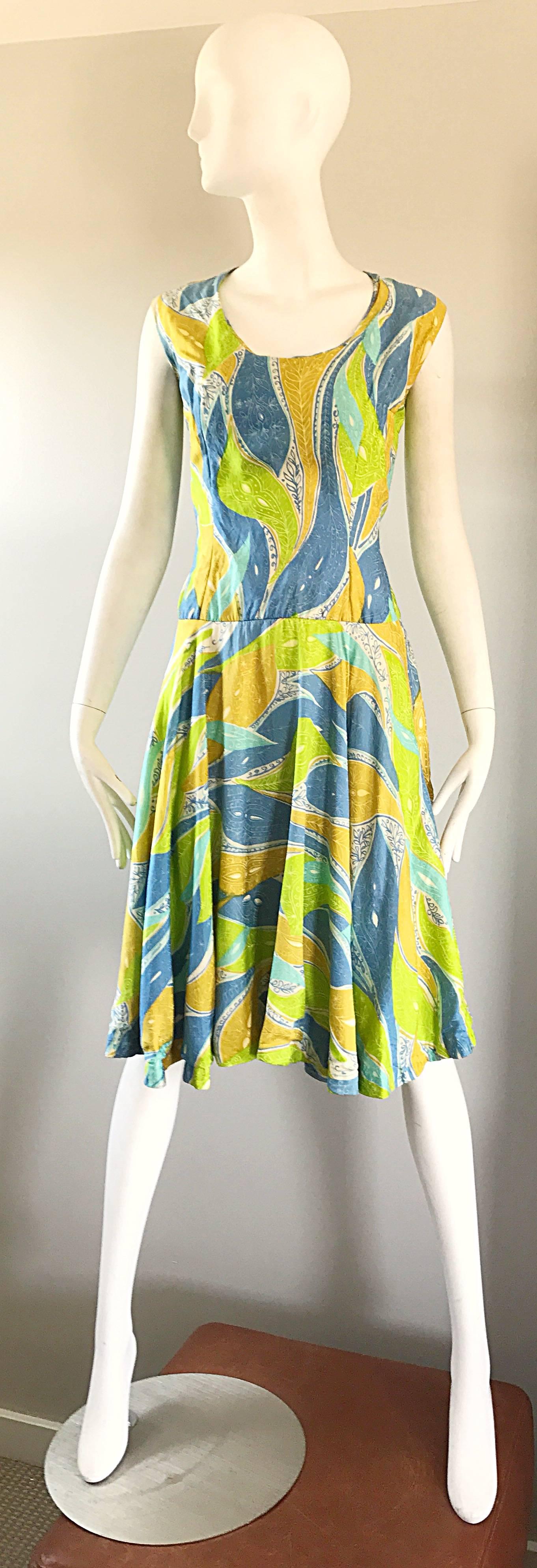 1960s Fern Violette Blue + Lime Green Paisley Tropical Print Silk A Line Dress For Sale 4