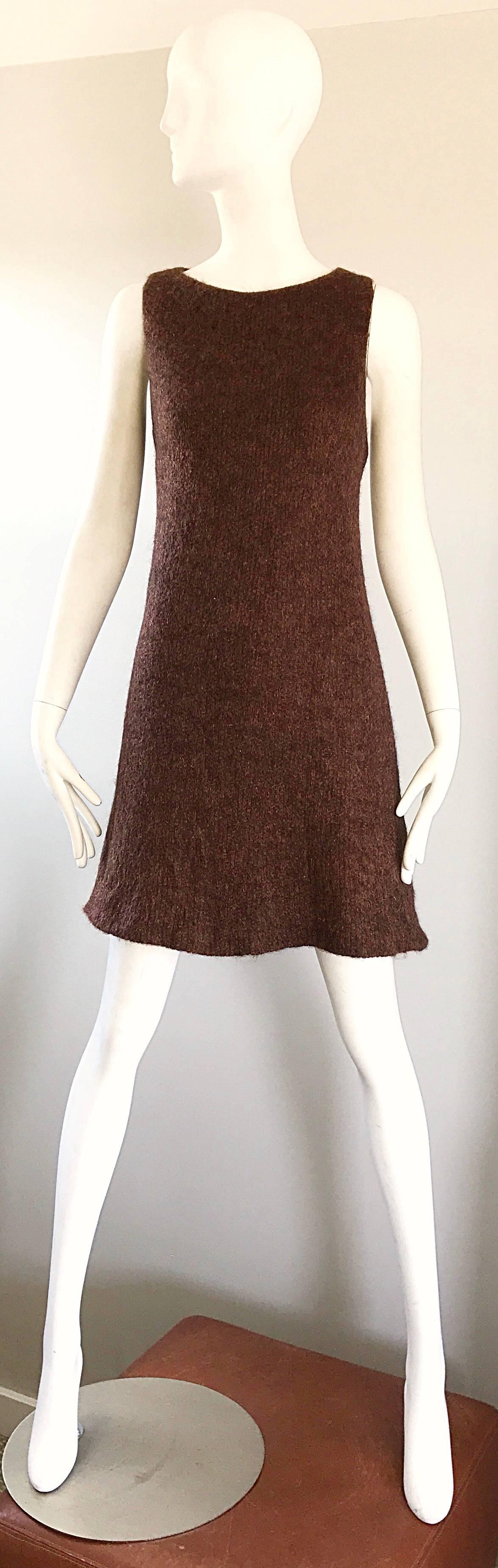 Classic and effortlessly chic 1960s GUY LAROCHE sleeveless A-line dress! Features a soft brown and copper mohair wool blend, that gives just the slightest bit of sparkle. Fitted bodice with a flattering and forgiving full skirt. Lined in a soft
