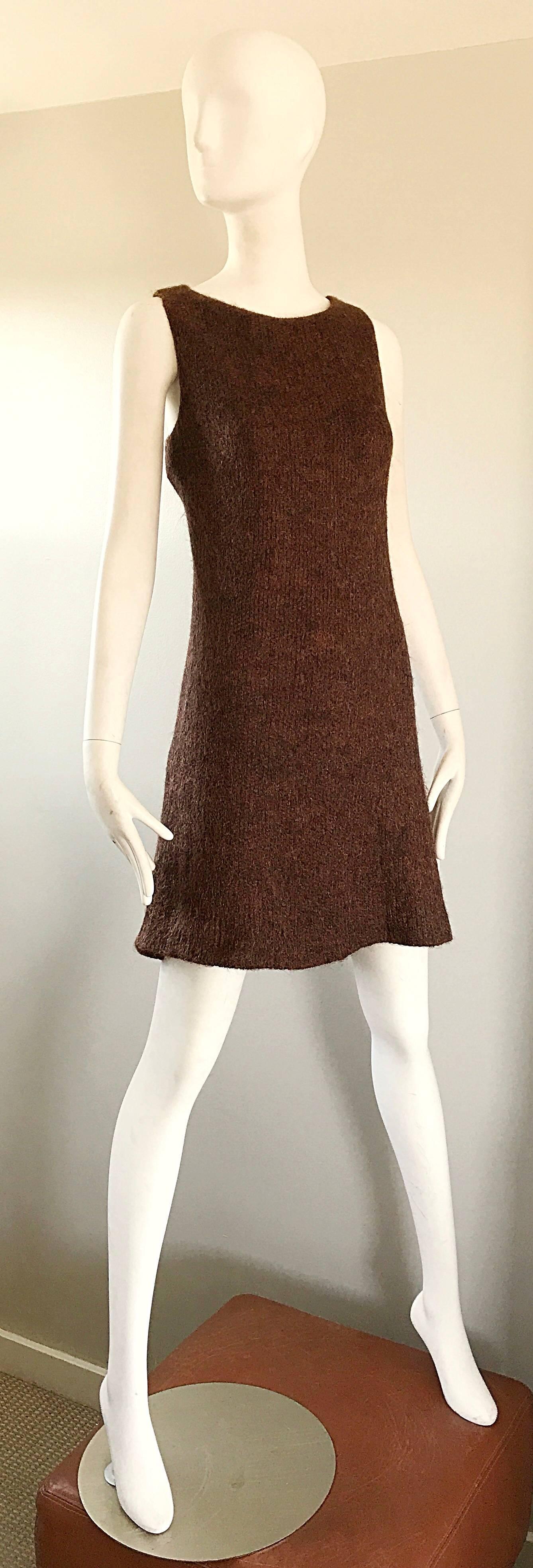 Women's Guy Laroche 1960s Brown + Copper Soft Mohair Wool A Line Vintage 60s Dress