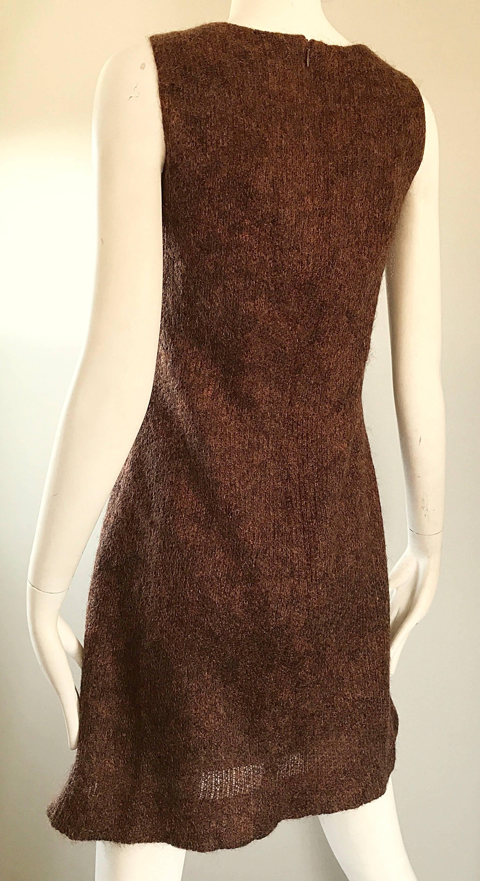 Guy Laroche 1960s Brown + Copper Soft Mohair Wool A Line Vintage 60s Dress 1