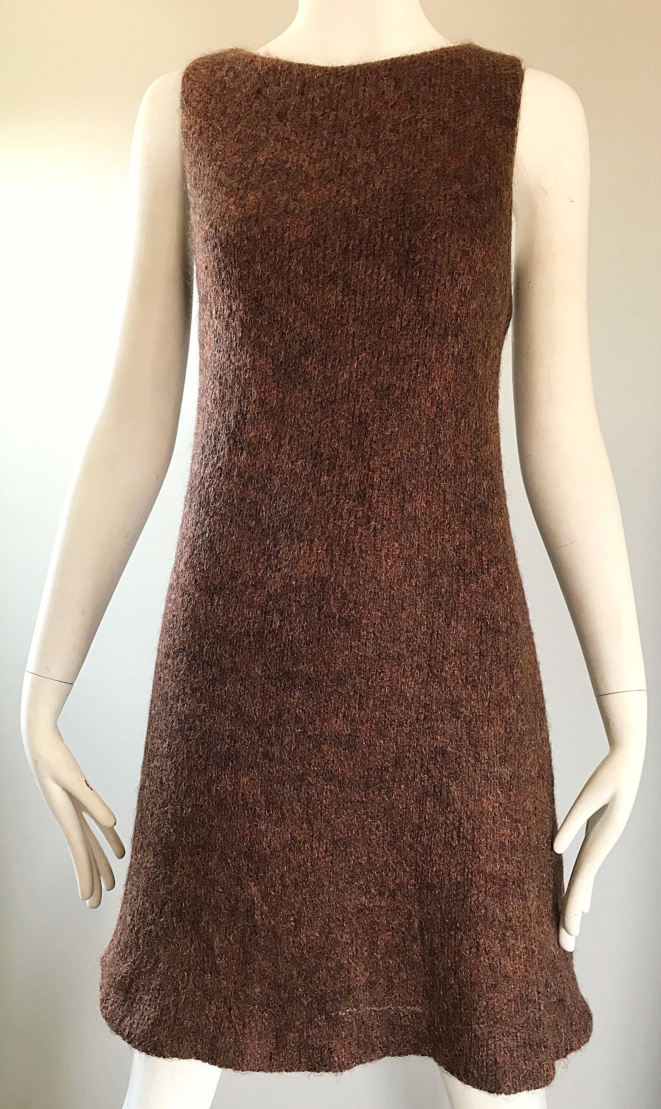 Guy Laroche 1960s Brown + Copper Soft Mohair Wool A Line Vintage 60s Dress 2