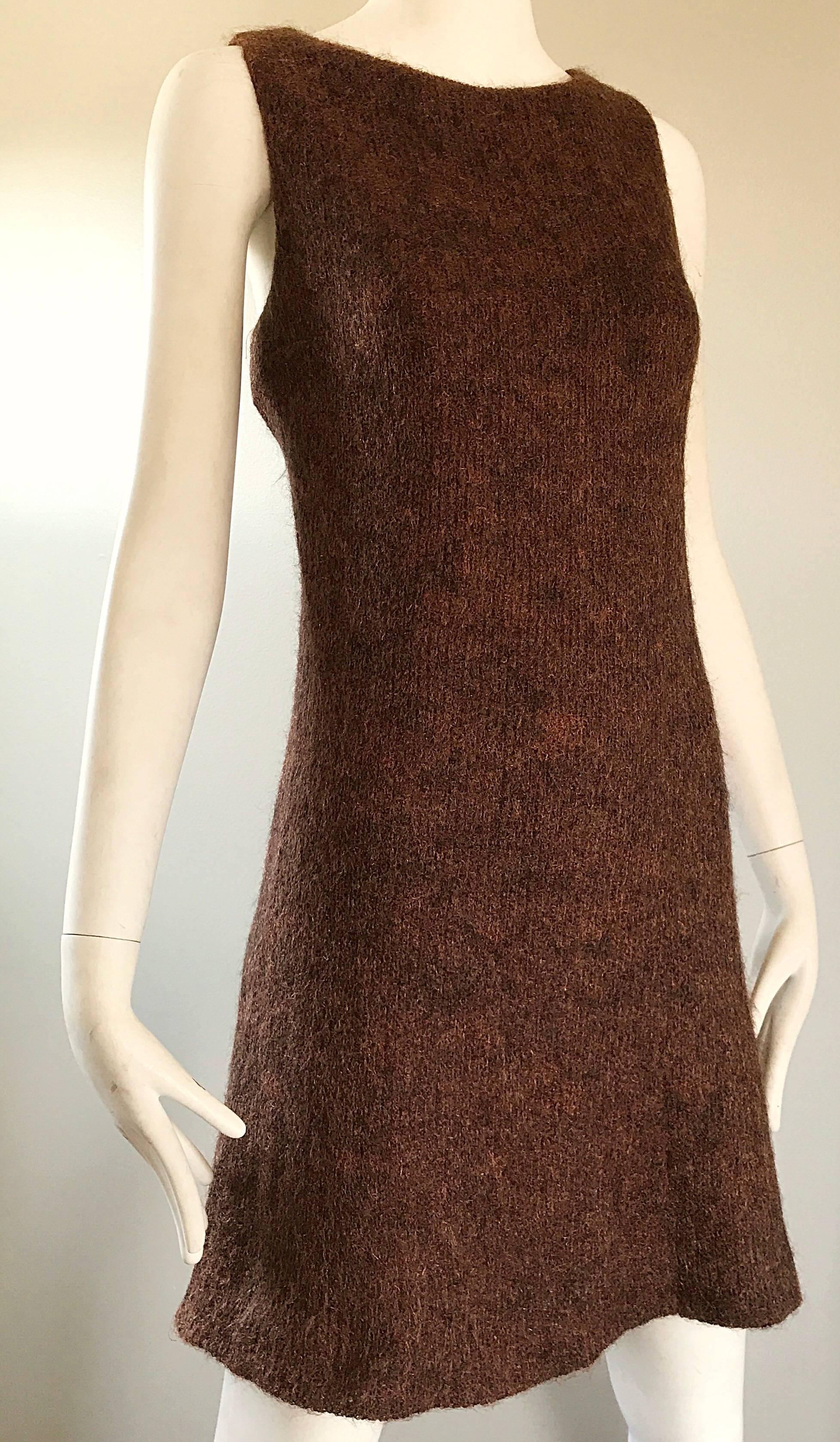 Guy Laroche 1960s Brown + Copper Soft Mohair Wool A Line Vintage 60s Dress 3