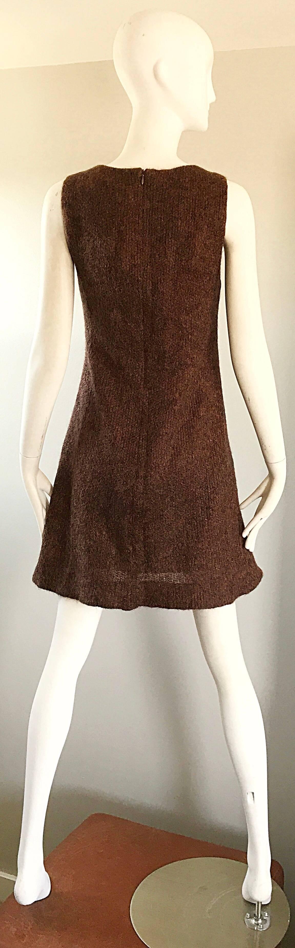 Guy Laroche 1960s Brown + Copper Soft Mohair Wool A Line Vintage 60s Dress 4