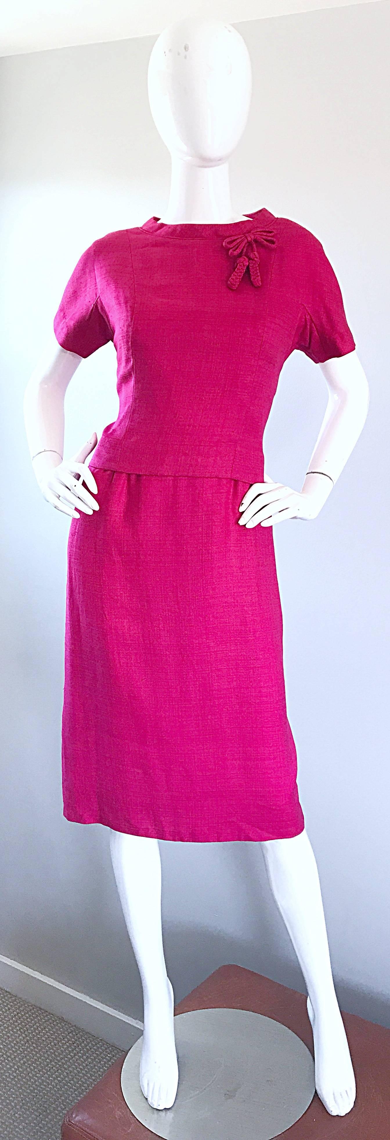 Chic 1960s demi couture raspberry pink silk dress and blouse ensemble / suit! Features a wonderfully fitting shift dress, and a seperate matching crop top. Dress features a hidden metal zipper up th eback with hook-and-eye closure. Top features a