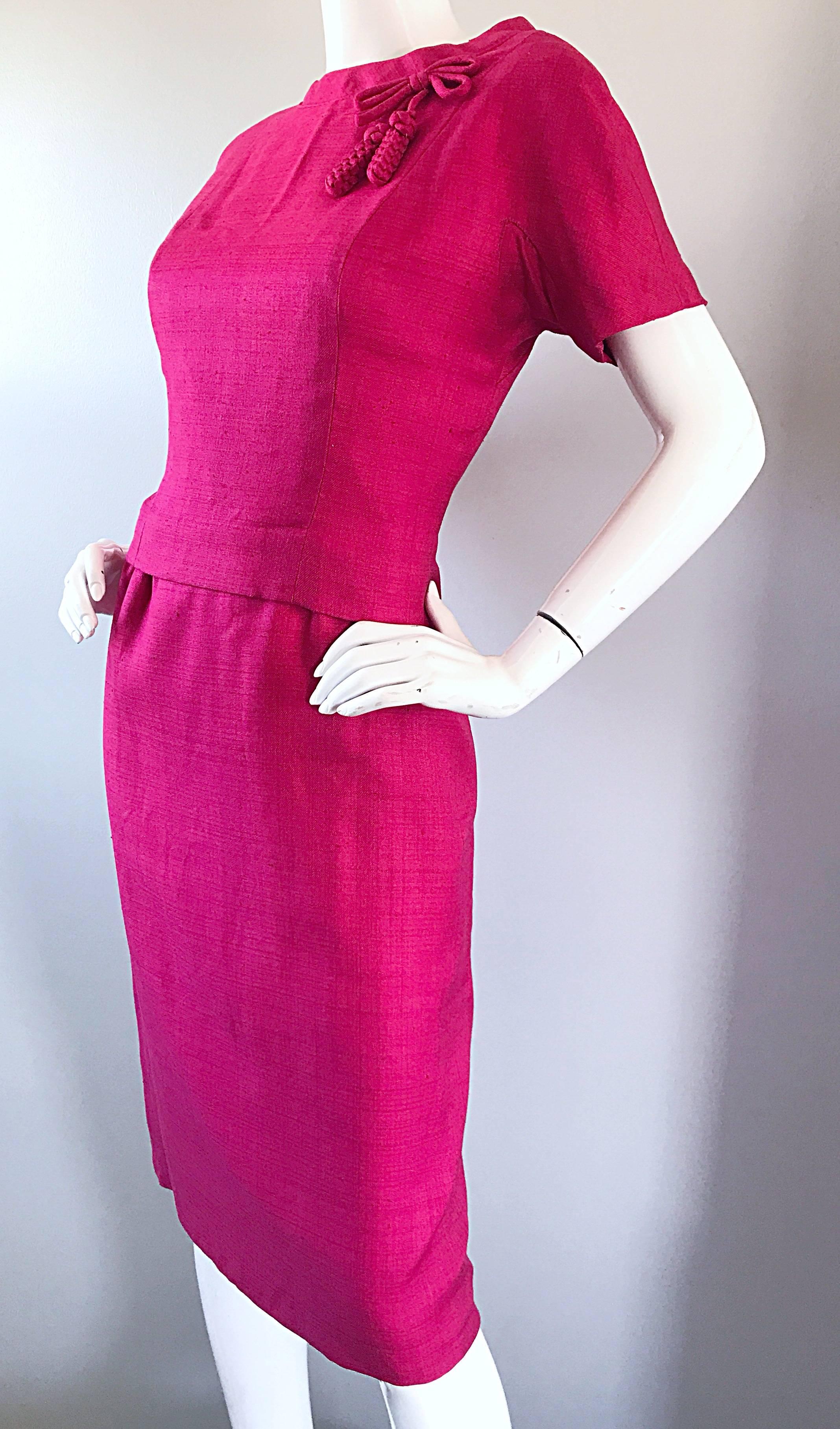 Women's Chic 1960s Demi Couture Raspeberry Pink Silk Shift Dress and Top Vintage 60s Set