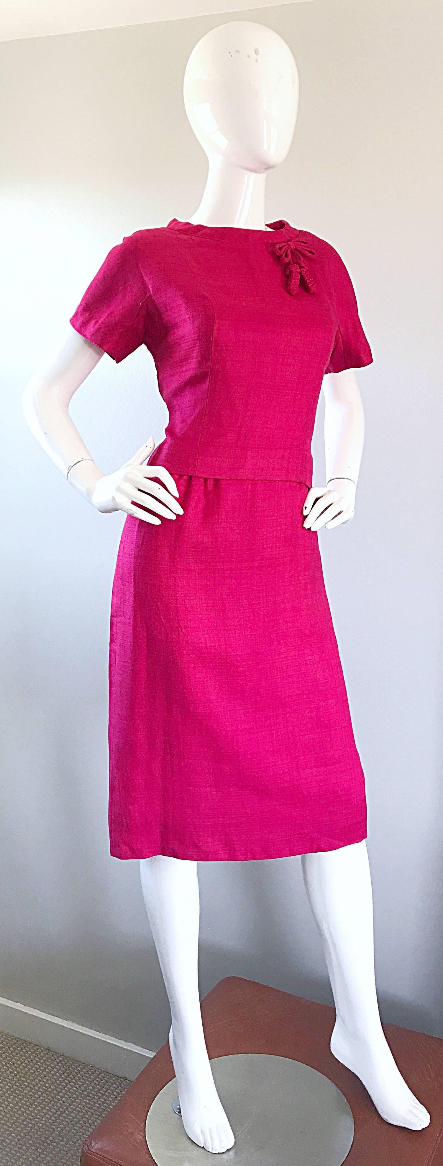 Chic 1960s Demi Couture Raspeberry Pink Silk Shift Dress and Top Vintage 60s Set 1
