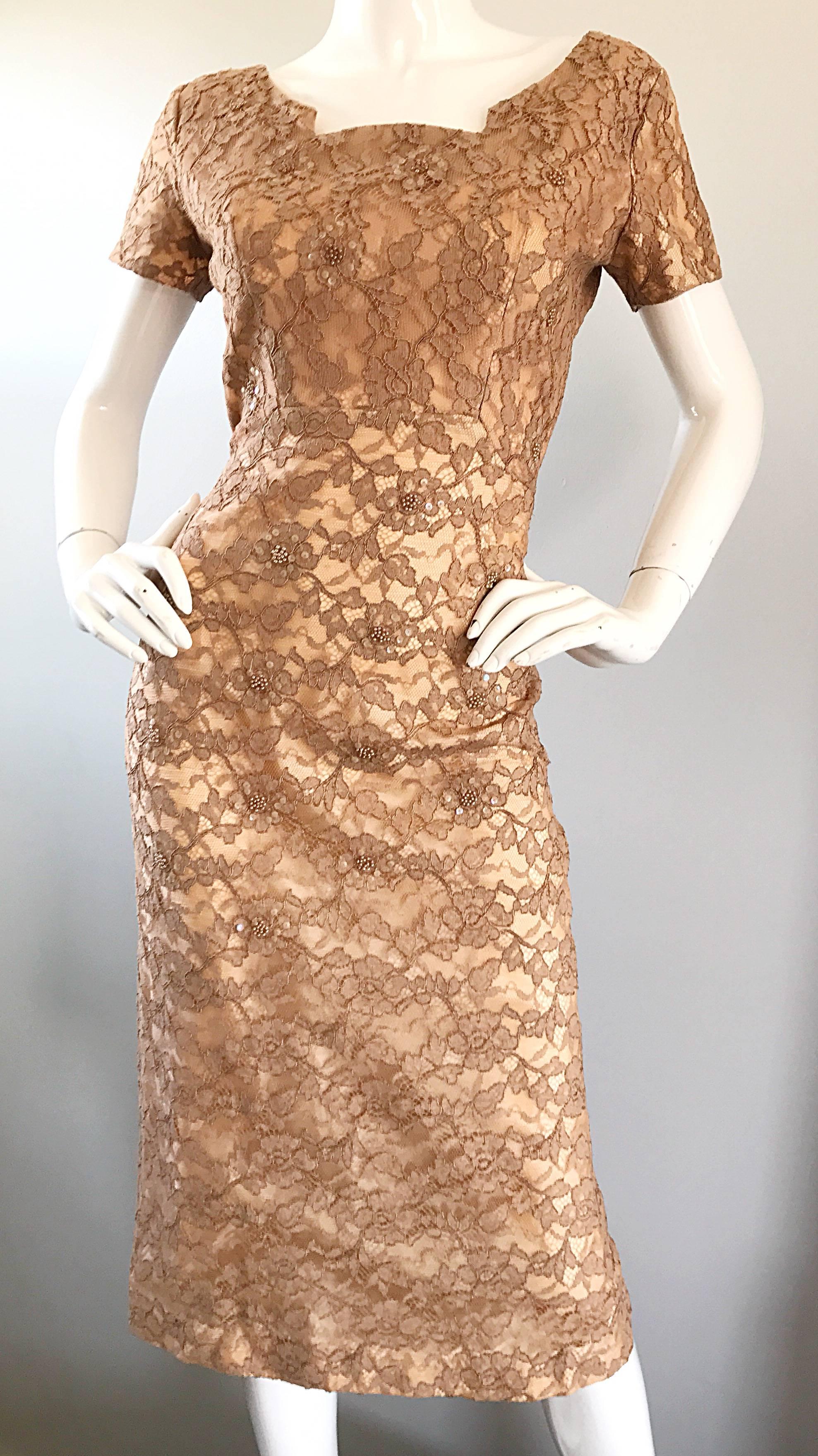 Gorgeous 1950s Demi Couture Tan Beige Nude Silk Lace Sequins 50s Vintage Dress In Excellent Condition In San Diego, CA