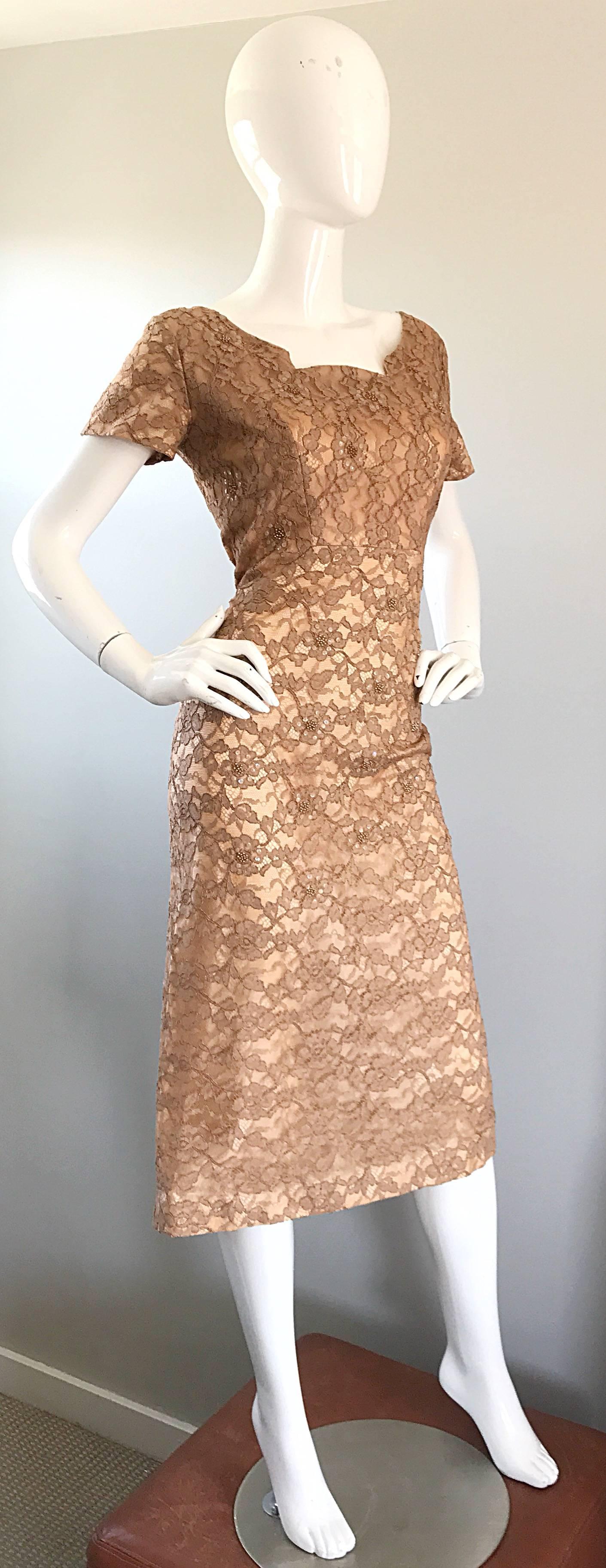 Women's Gorgeous 1950s Demi Couture Tan Beige Nude Silk Lace Sequins 50s Vintage Dress