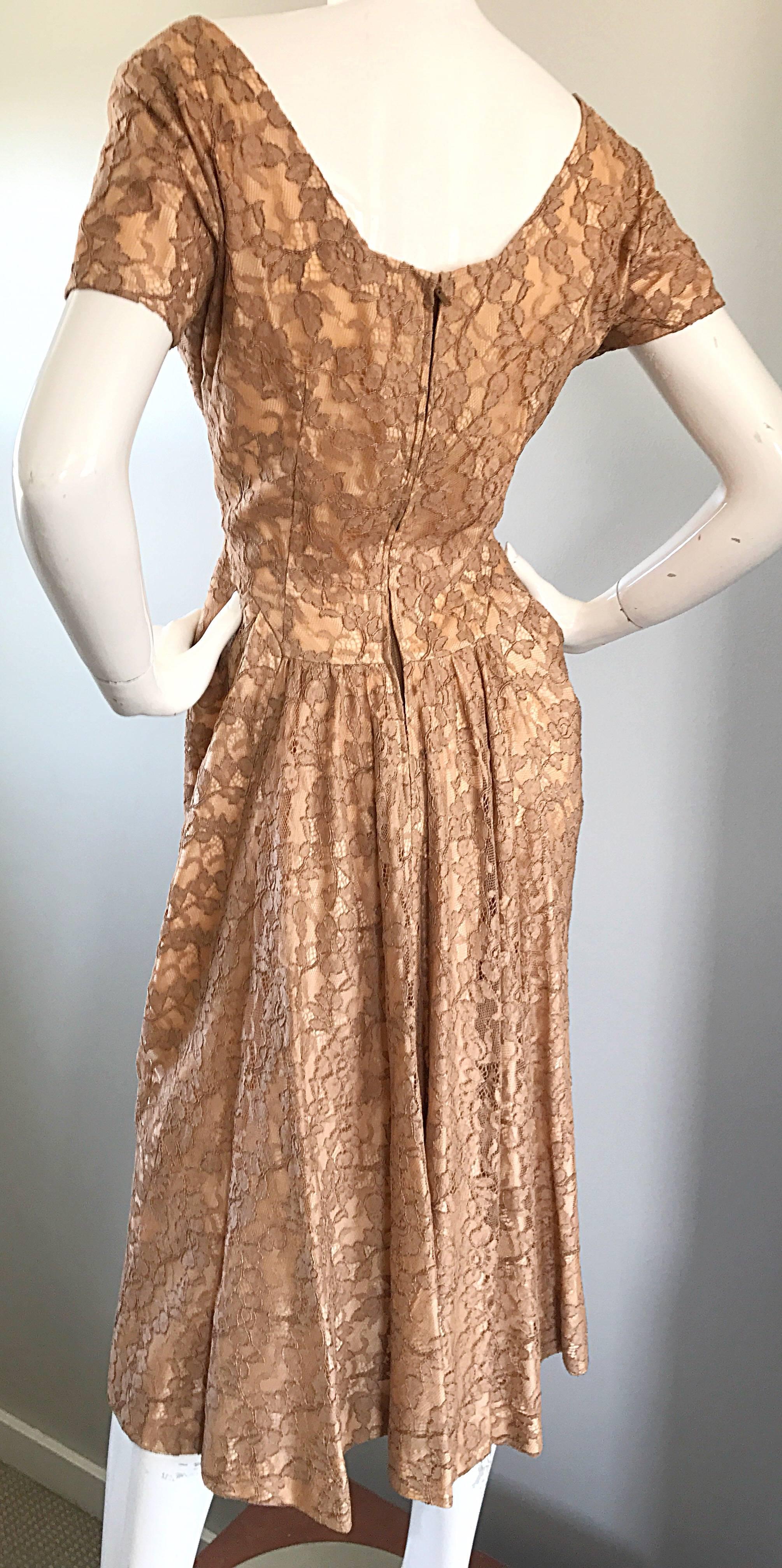 Gorgeous 1950s Demi Couture Tan Beige Nude Silk Lace Sequins 50s Vintage Dress 1
