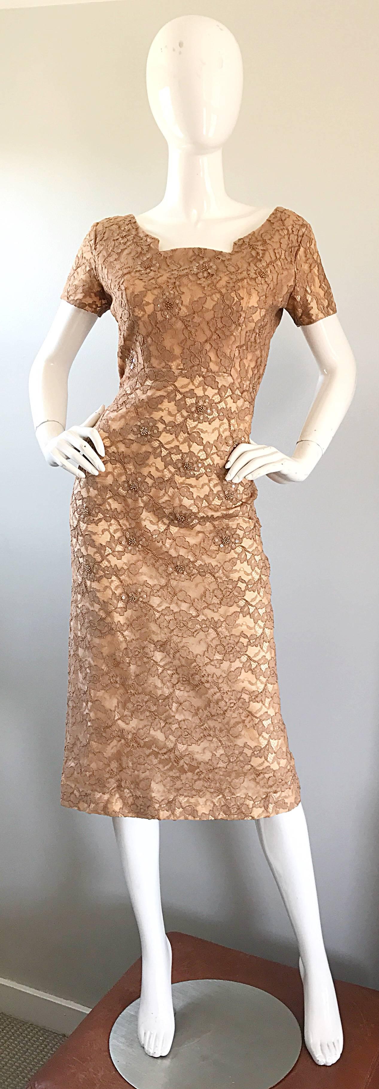 Gorgeous 1950s Demi Couture Tan Beige Nude Silk Lace Sequins 50s Vintage Dress 2
