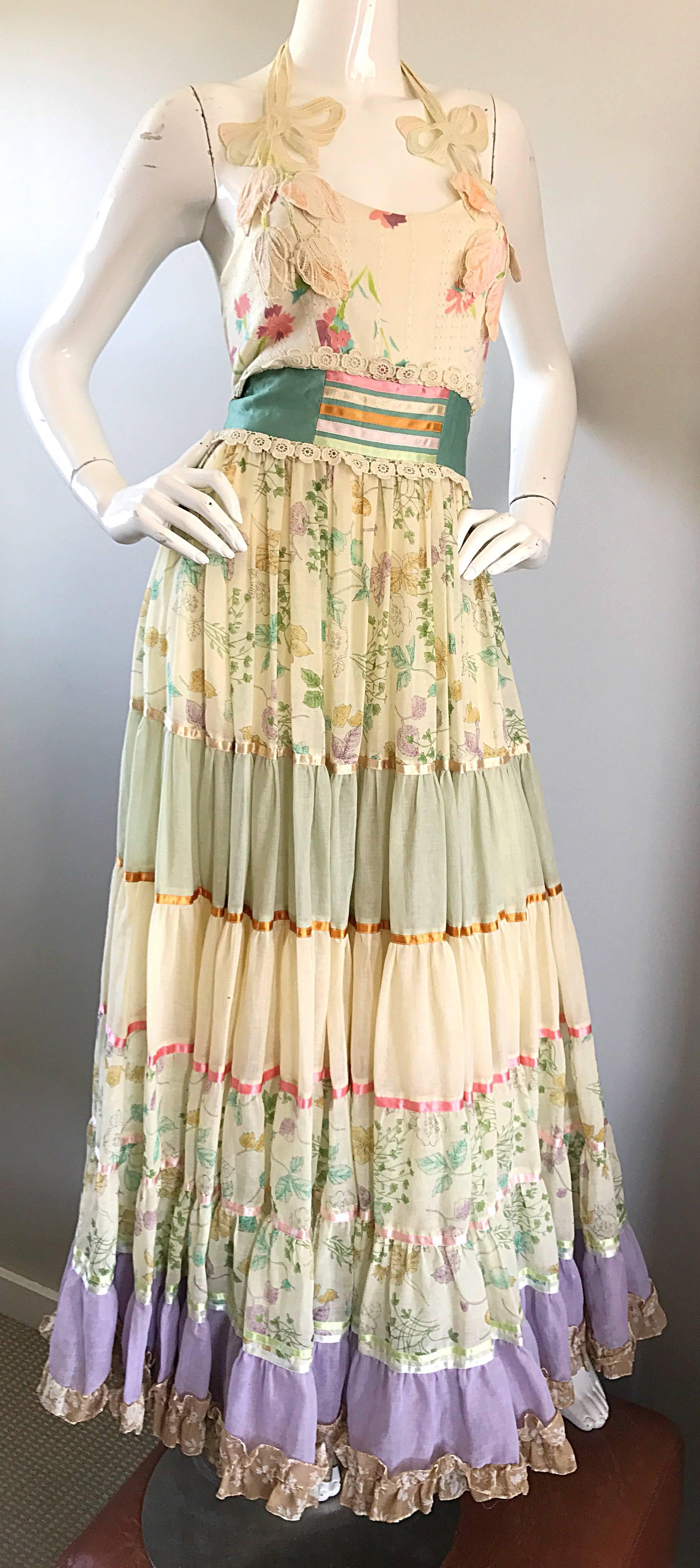 Giorgio di Sant Angelo Colorful Cotton Voile 70s Couture Maxi Dress Gown  In Excellent Condition For Sale In San Diego, CA