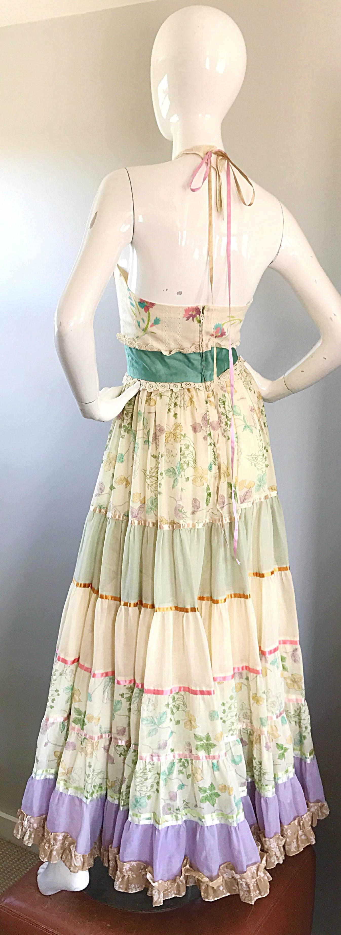 Beige Giorgio di Sant Angelo Colorful Cotton Voile 70s Couture Maxi Dress Gown  For Sale