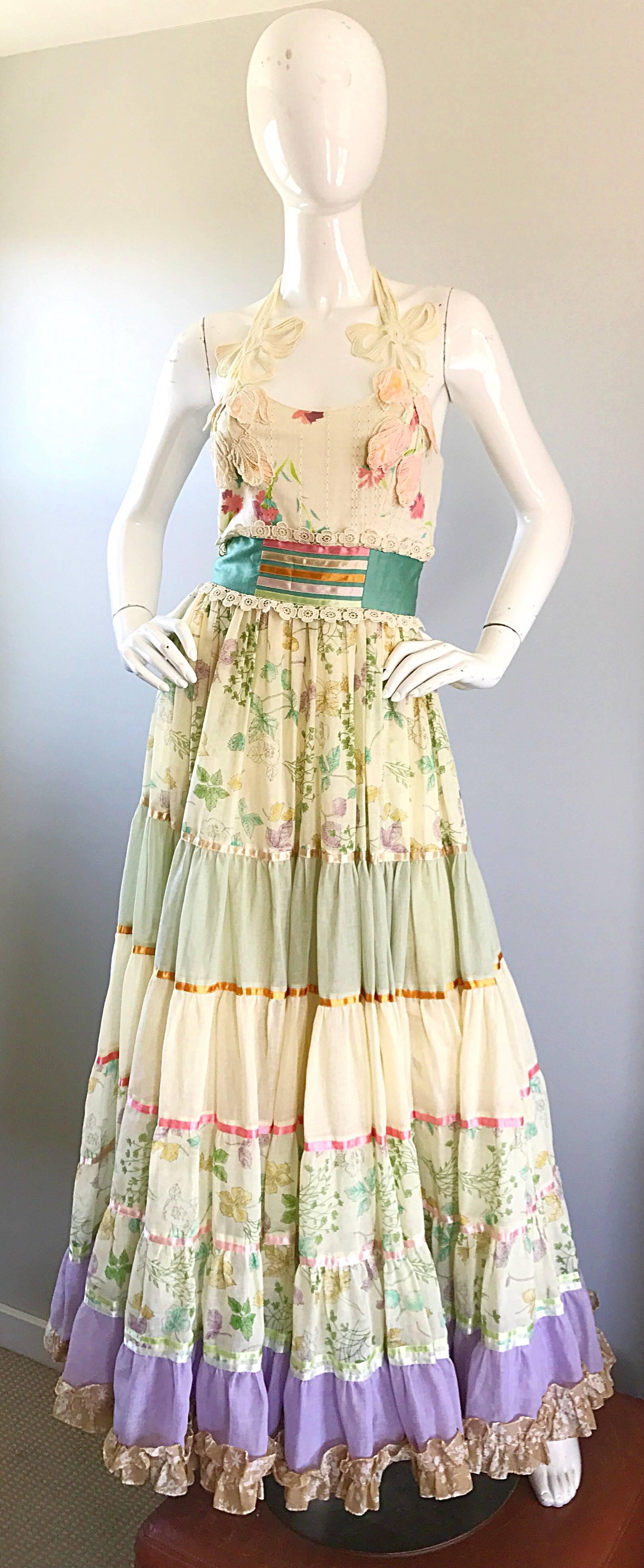 Giorgio di Sant Angelo Colorful Cotton Voile 70s Couture Maxi Dress Gown  For Sale 1