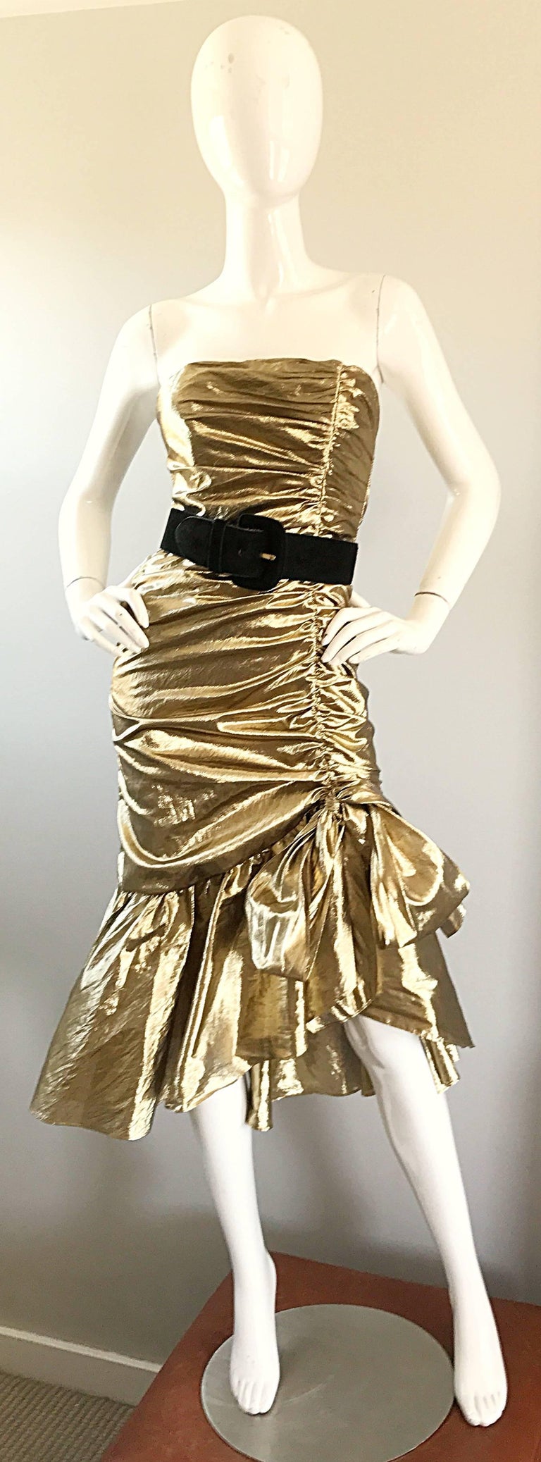 green emerald velvet dress 1980s Gold Lame Strapless Ruffled Evening Dress w Tulle main image 1