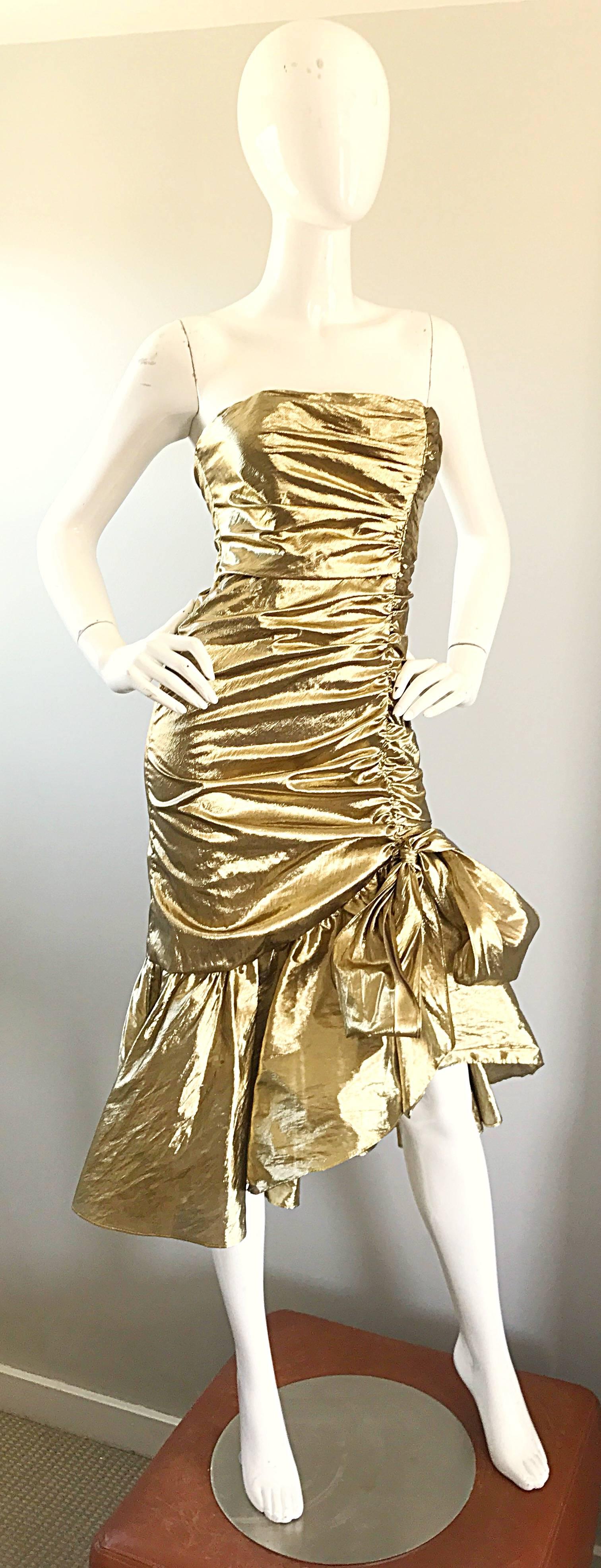 Brown Amazing 1980s Gold Lame Avant Garde 80s Vintage Cocktail Asymmetrical Bow Dress 