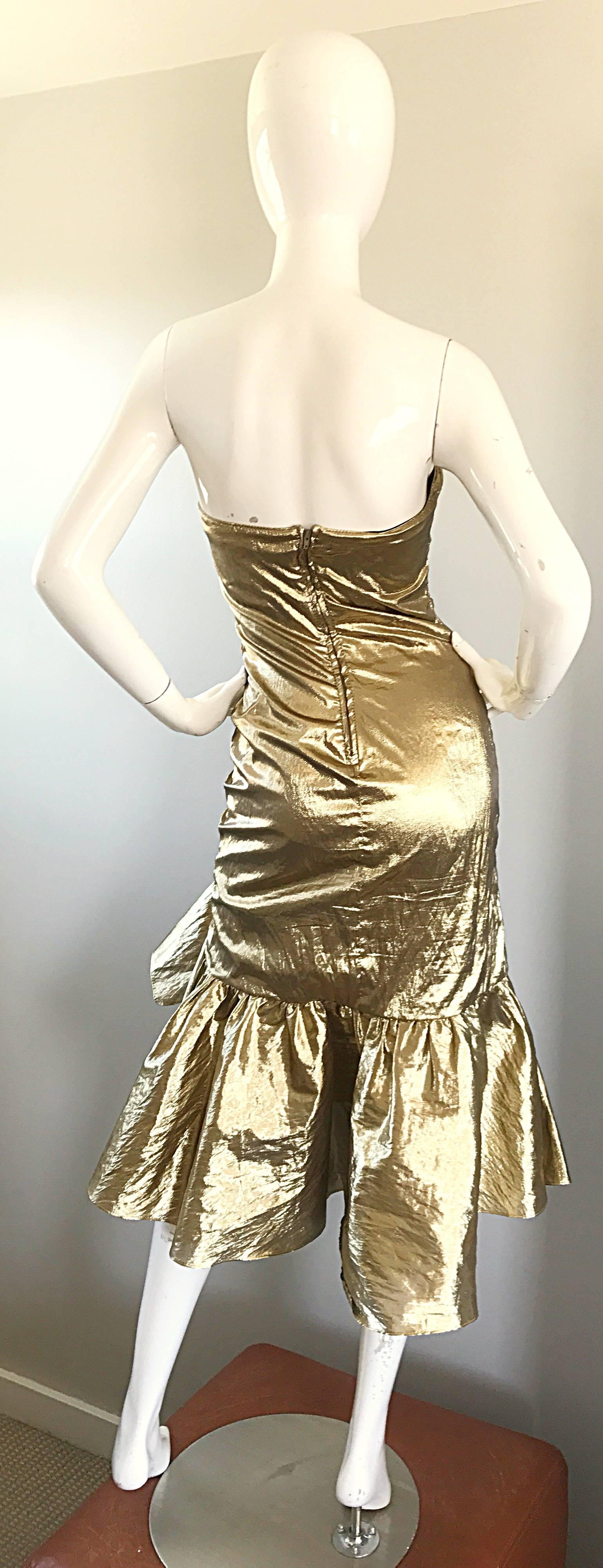 Amazing 1980s Gold Lame Avant Garde 80s Vintage Cocktail Asymmetrical Bow Dress  In Excellent Condition In San Diego, CA