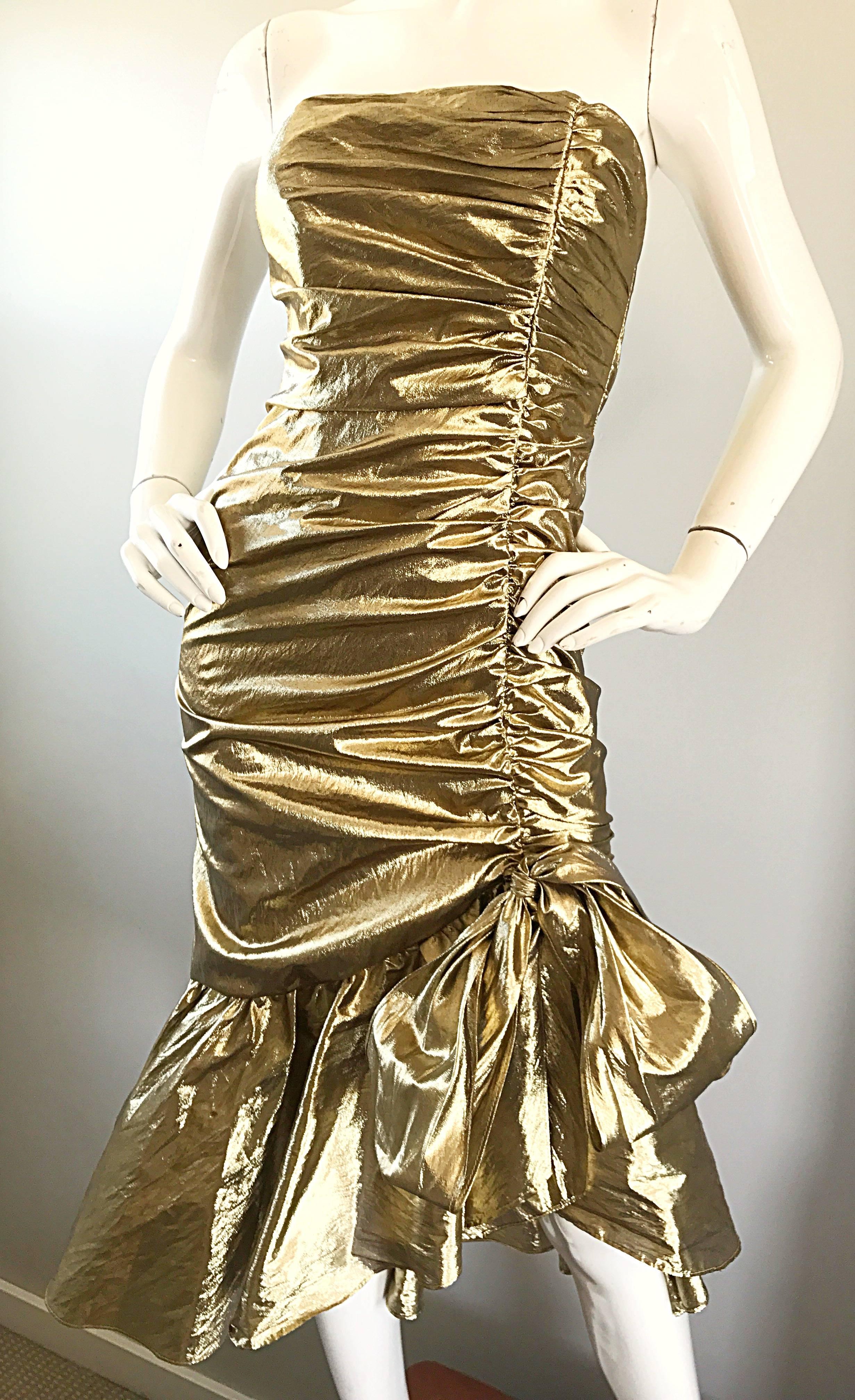 Women's Amazing 1980s Gold Lame Avant Garde 80s Vintage Cocktail Asymmetrical Bow Dress 