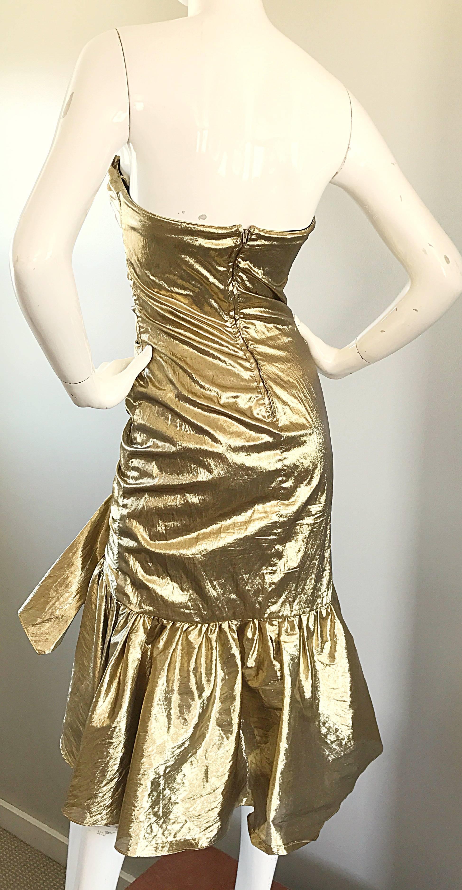 Amazing 1980s Gold Lame Avant Garde 80s Vintage Cocktail Asymmetrical Bow Dress  1