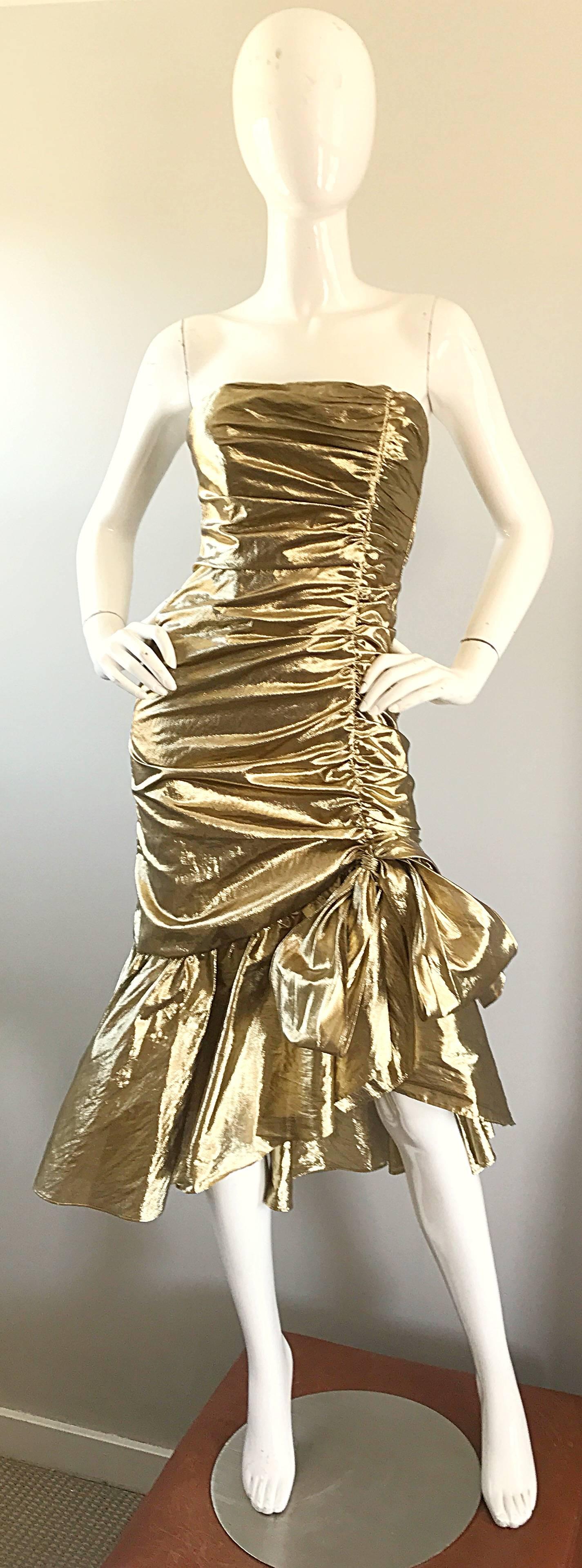 Amazing 1980s Gold Lame Avant Garde 80s Vintage Cocktail Asymmetrical Bow Dress  2
