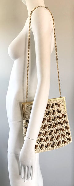 1970s Italian Ivory + Brown Hand Crochet Gold Chain Boho Vintage Shoulder Bag
