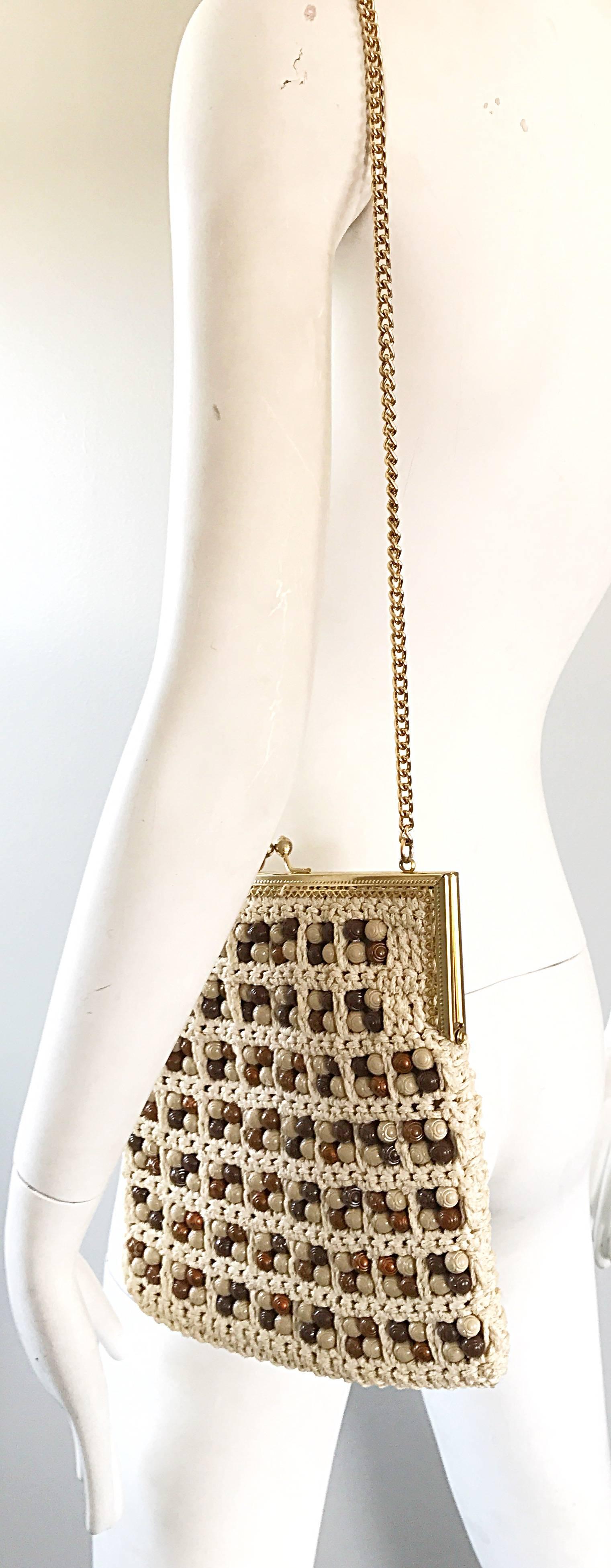 Beige 1970s Italian Ivory + Brown Hand Crochet Gold Chain Boho Vintage Shoulder Bag 