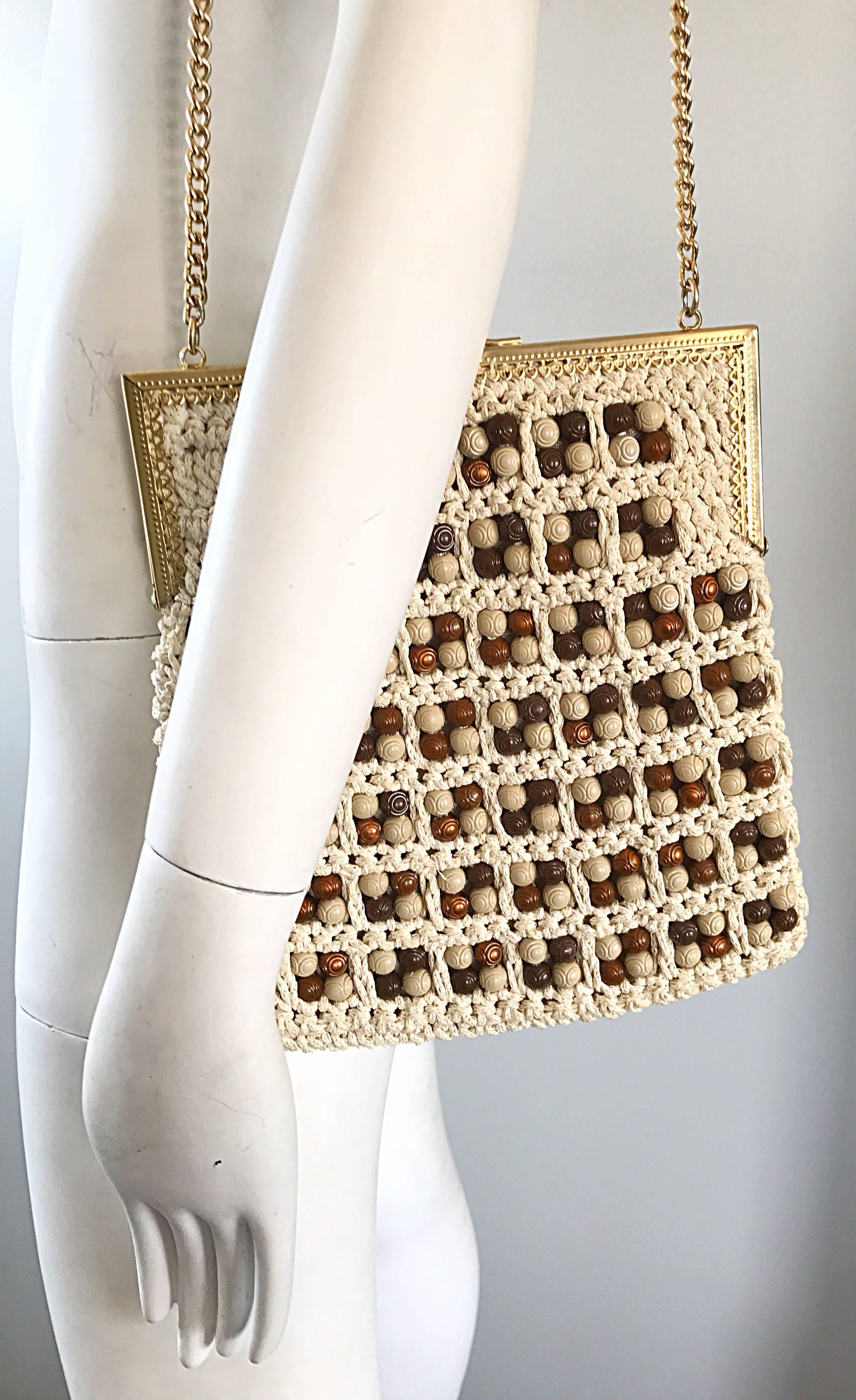 Women's 1970s Italian Ivory + Brown Hand Crochet Gold Chain Boho Vintage Shoulder Bag 