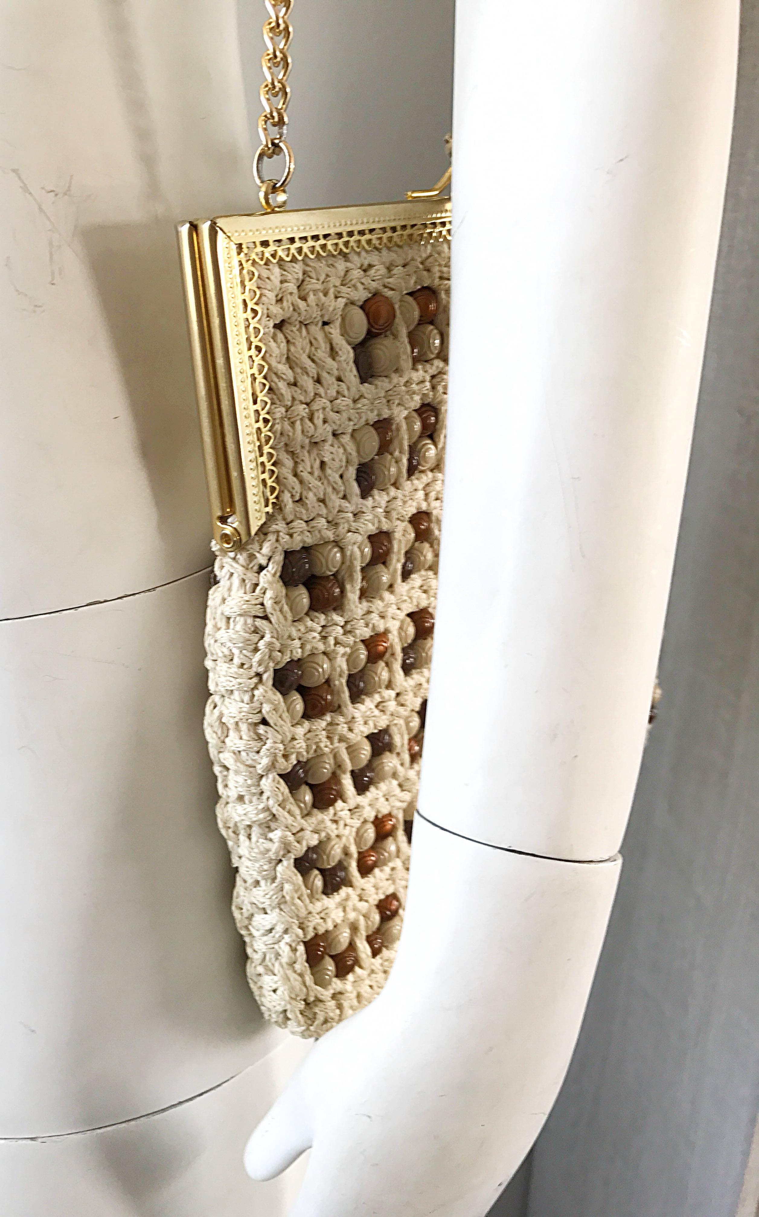 1970s Italian Ivory + Brown Hand Crochet Gold Chain Boho Vintage Shoulder Bag  1