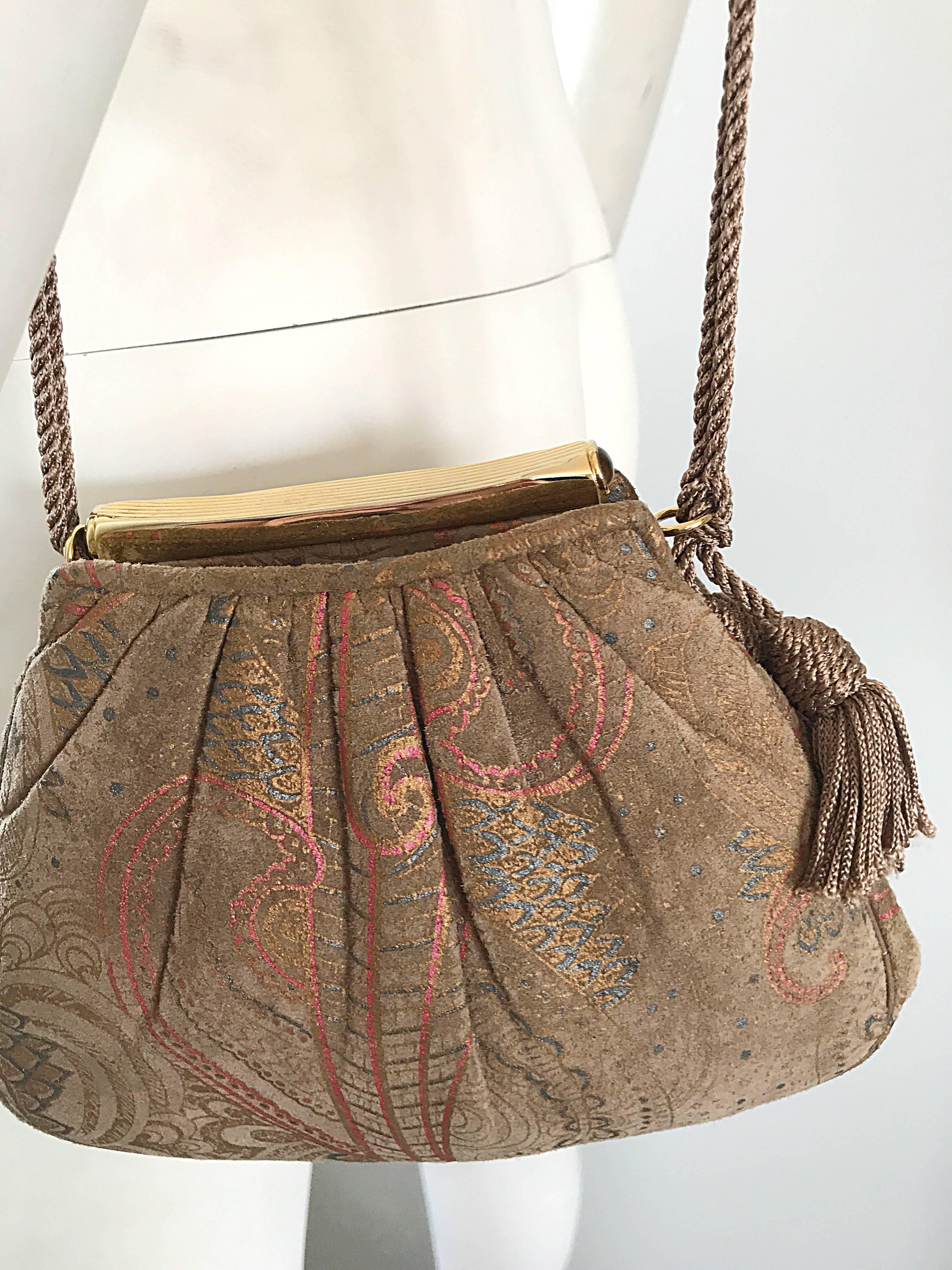 Beautiful Vintage Judith Leiber Hand Painted Taupe Beige Tan Paisley Evening Bag In Excellent Condition In San Diego, CA