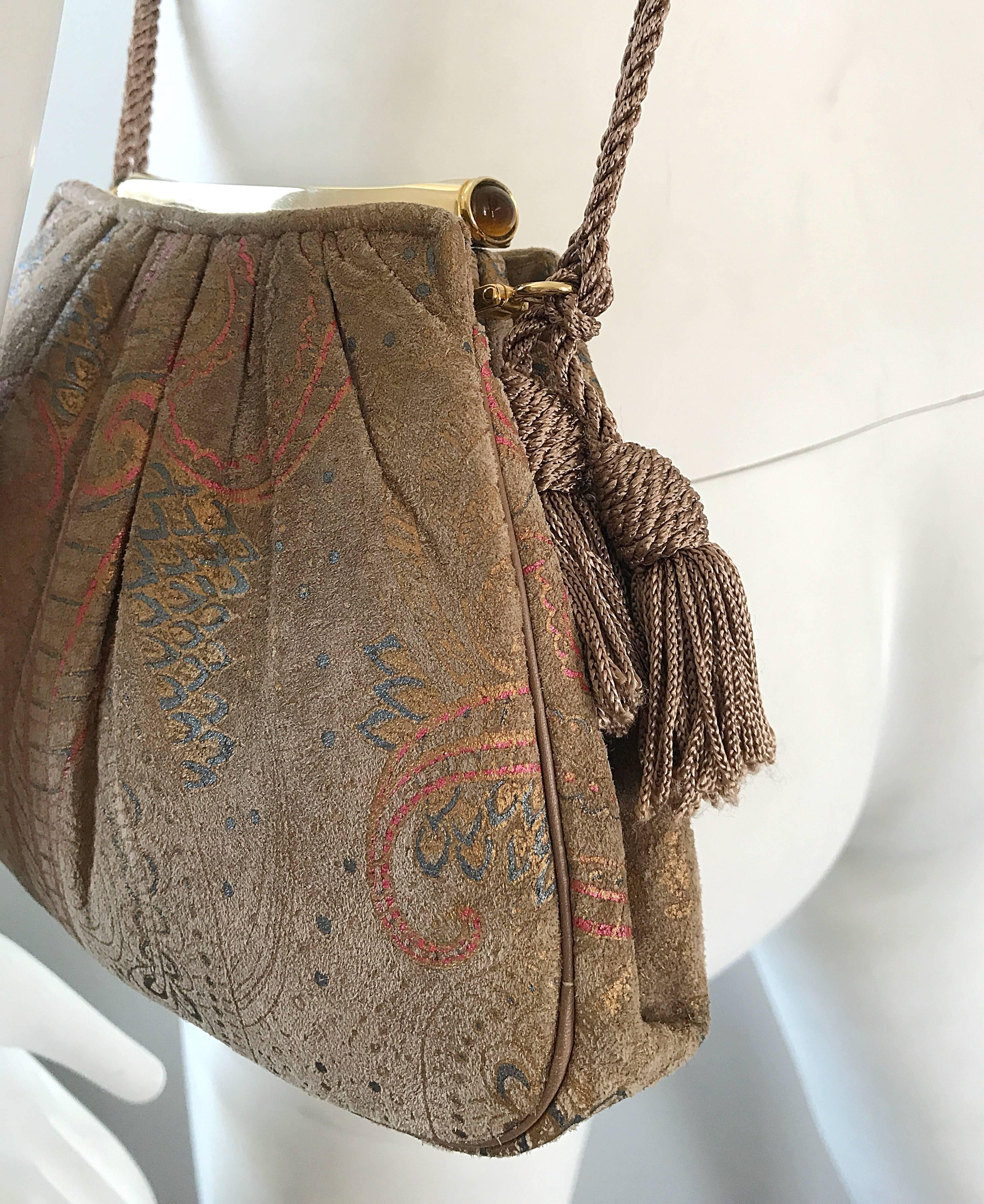 Beautiful Vintage Judith Leiber Hand Painted Taupe Beige Tan Paisley Evening Bag 2