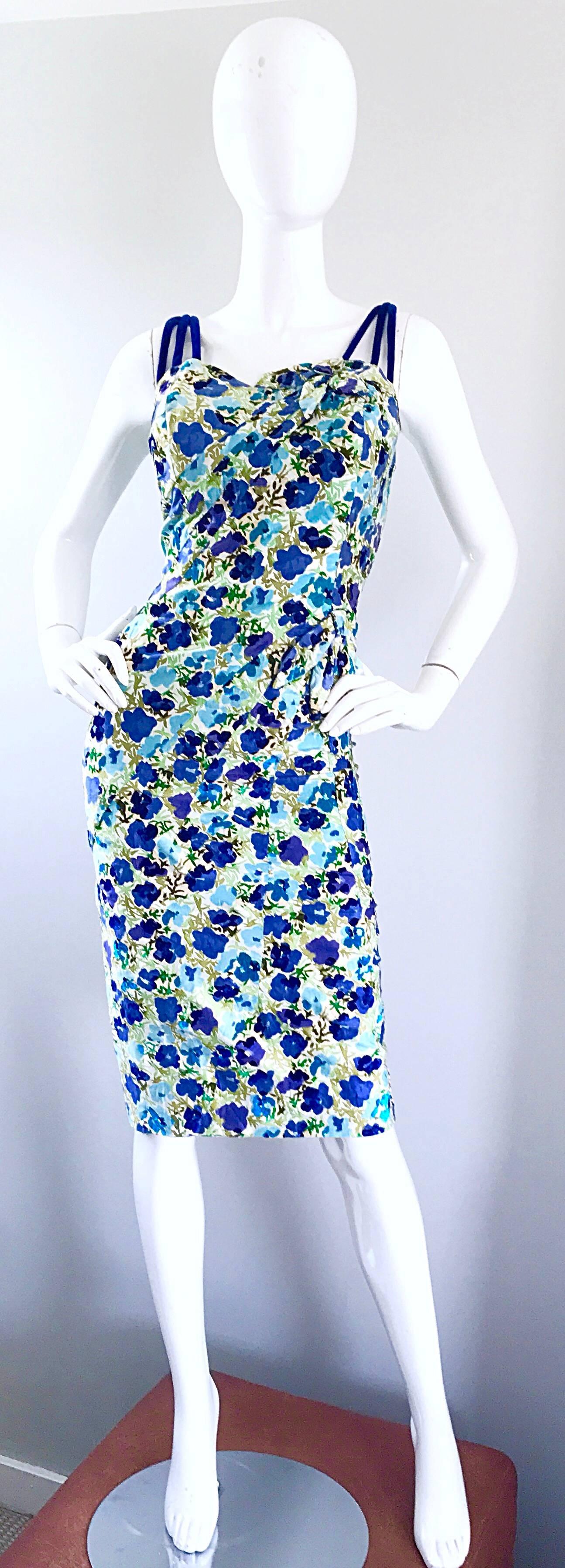Stunning 1950s ALIX OF MIAMI rare larger size wiggle dress! Features cotton fabric, with velvet accents. Three royal blue velvet straps at each shoulder. Figure flattering fit, with detailed pleats below the bust and at the waist. Built in bra