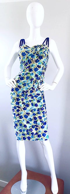 1950s Alix of Miami Size 14 Plus Size Blue + Green Flower Vintage 50s Dress