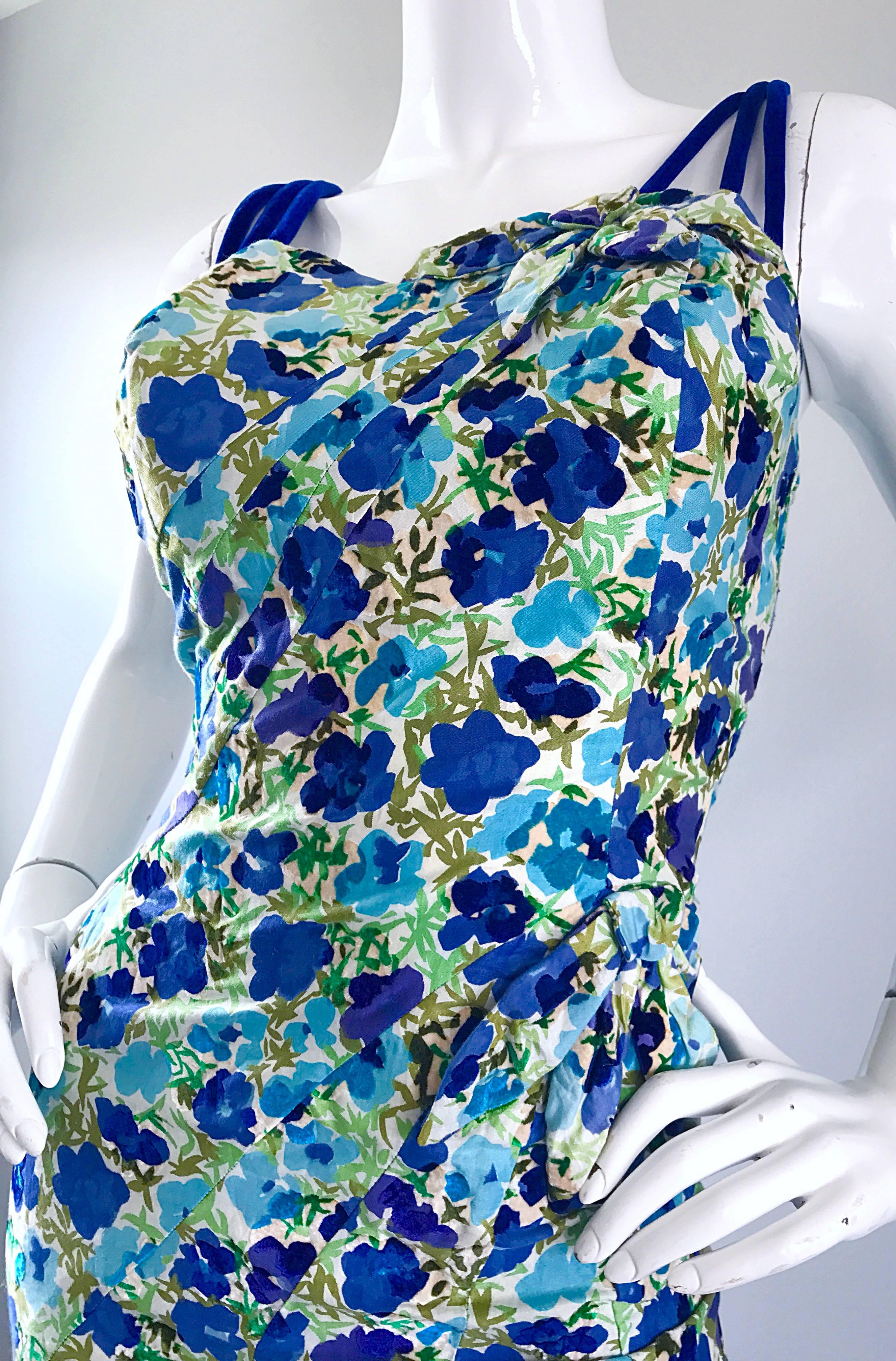 1950er Alix of Miami Vintage 50er Jahre Kleid in Blau + Grün mit Blumenmuster, Größe 14 Plus Größe Damen im Angebot