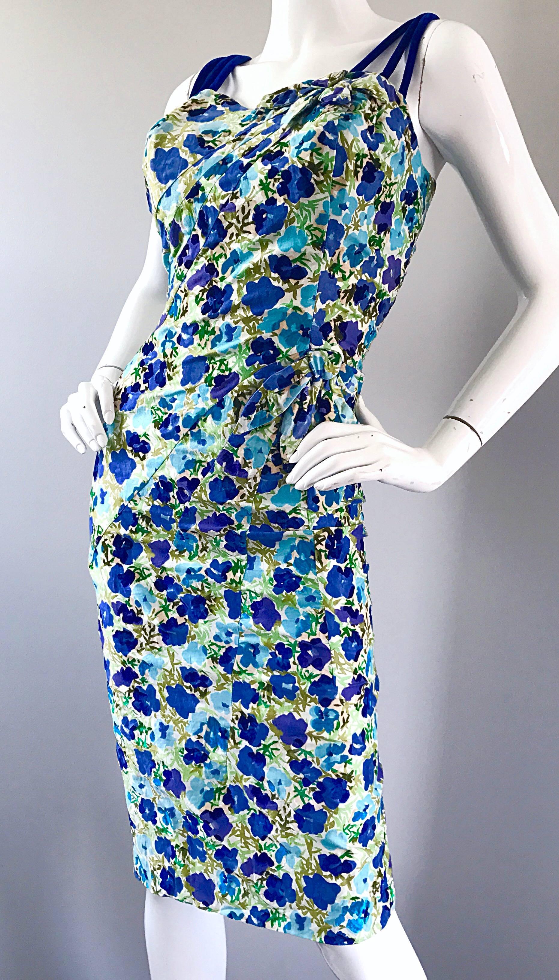 1950er Alix of Miami Vintage 50er Jahre Kleid in Blau + Grün mit Blumenmuster, Größe 14 Plus Größe im Angebot 1